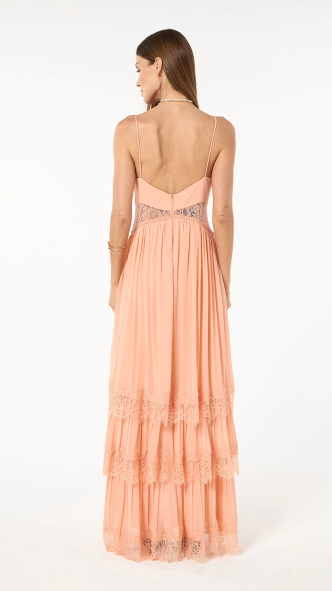 Vestido Longo Crepe Camadas Rosa Lichia
