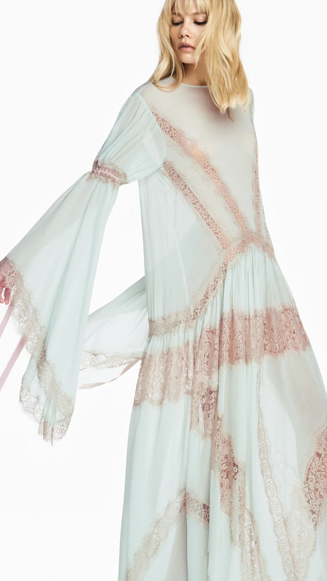Vestido Longo Manga Longa Chiffon Verde com Renda Bege
