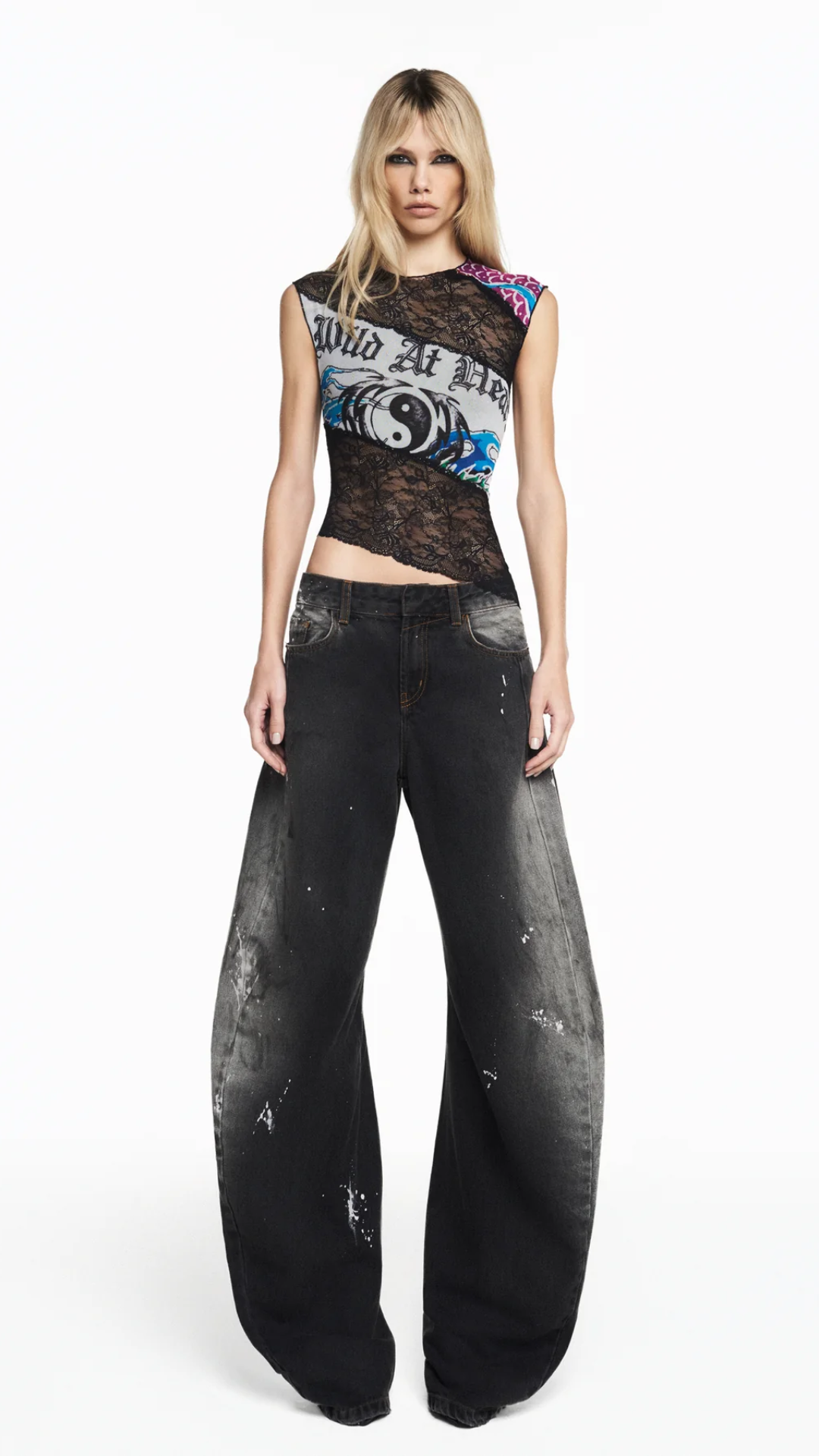 Blusa sem Manga Tule e Renda Tattoo Ying Yang