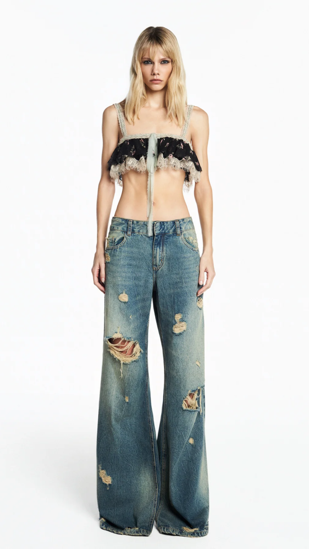 Calça Jeans Amarelada Rasgos Flare Cintura Baixa