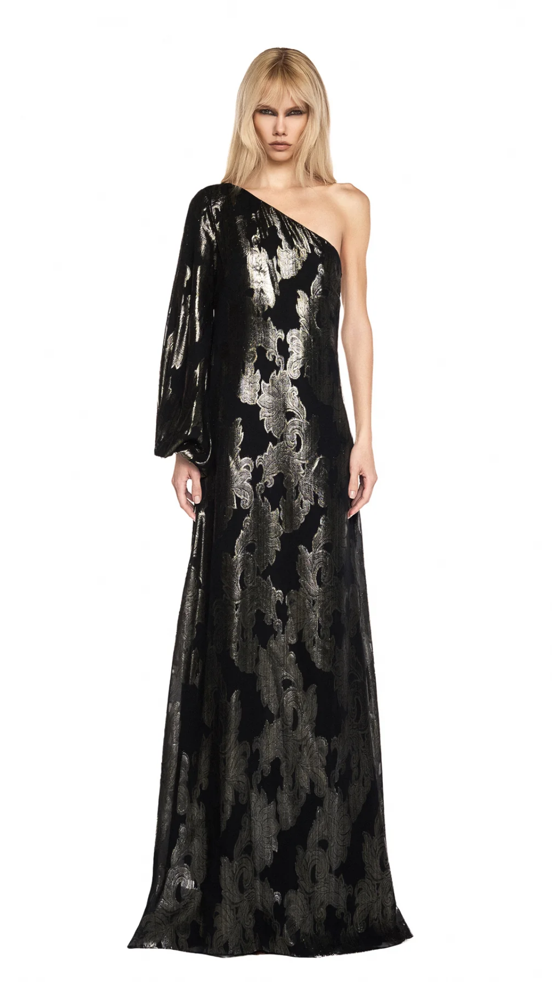 Vestido Longo Um Ombro Manga Longa Jacquard Lurex Preto