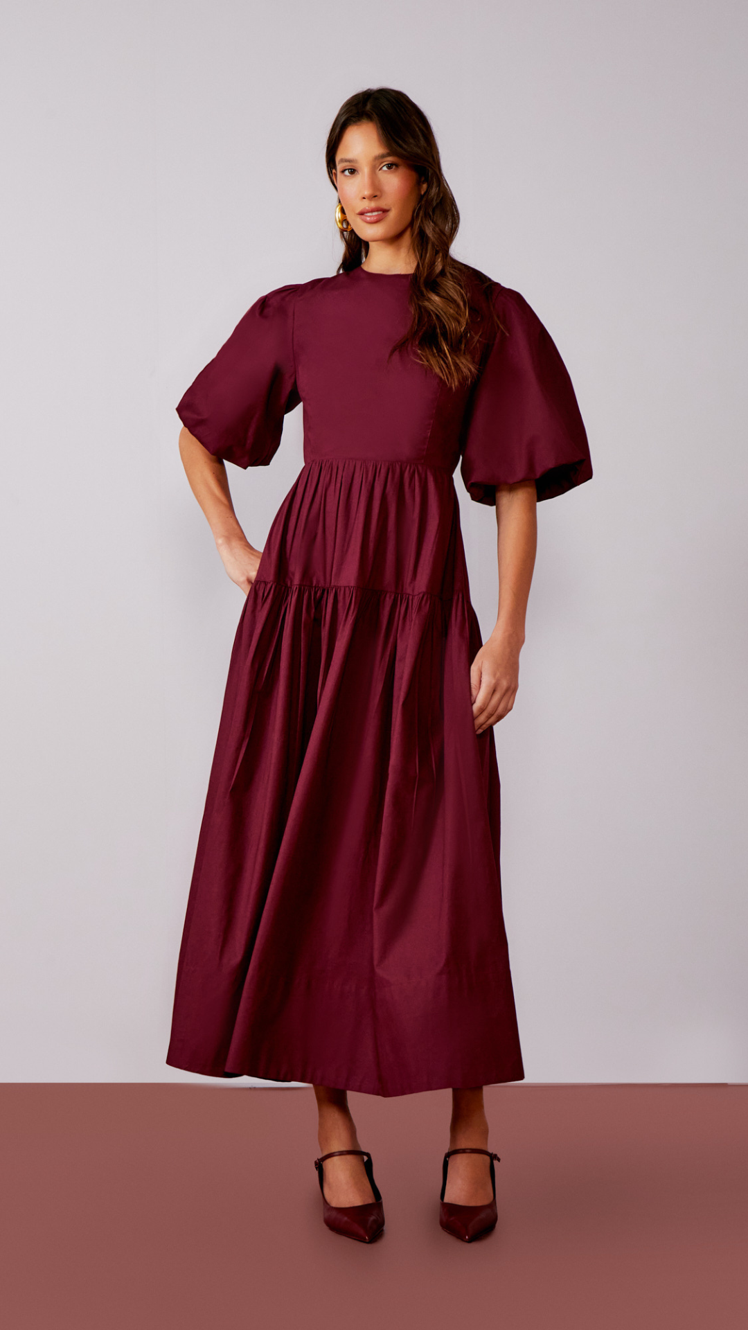 Vestido Tricoline Laço Costas Merlot