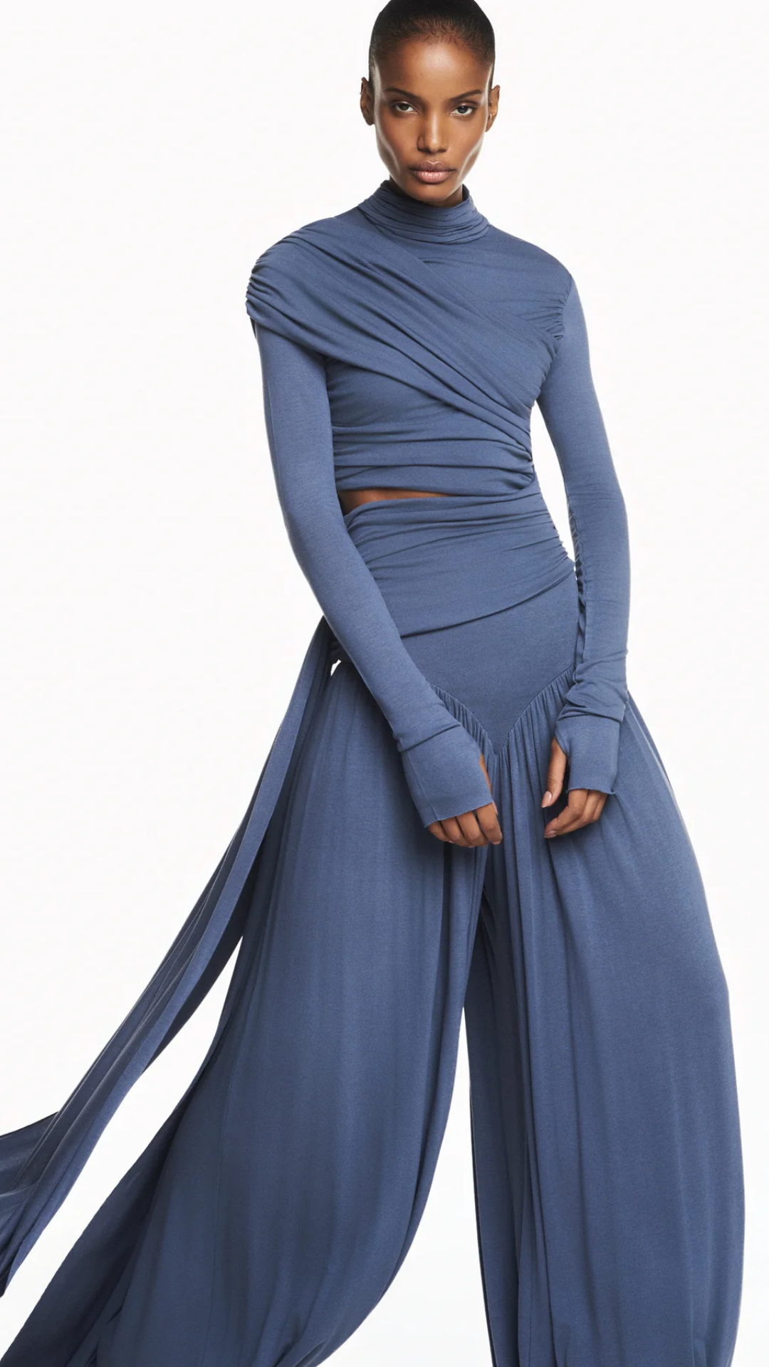 Blusa Gola Alta Manga Longa Transpasse Malha Azul