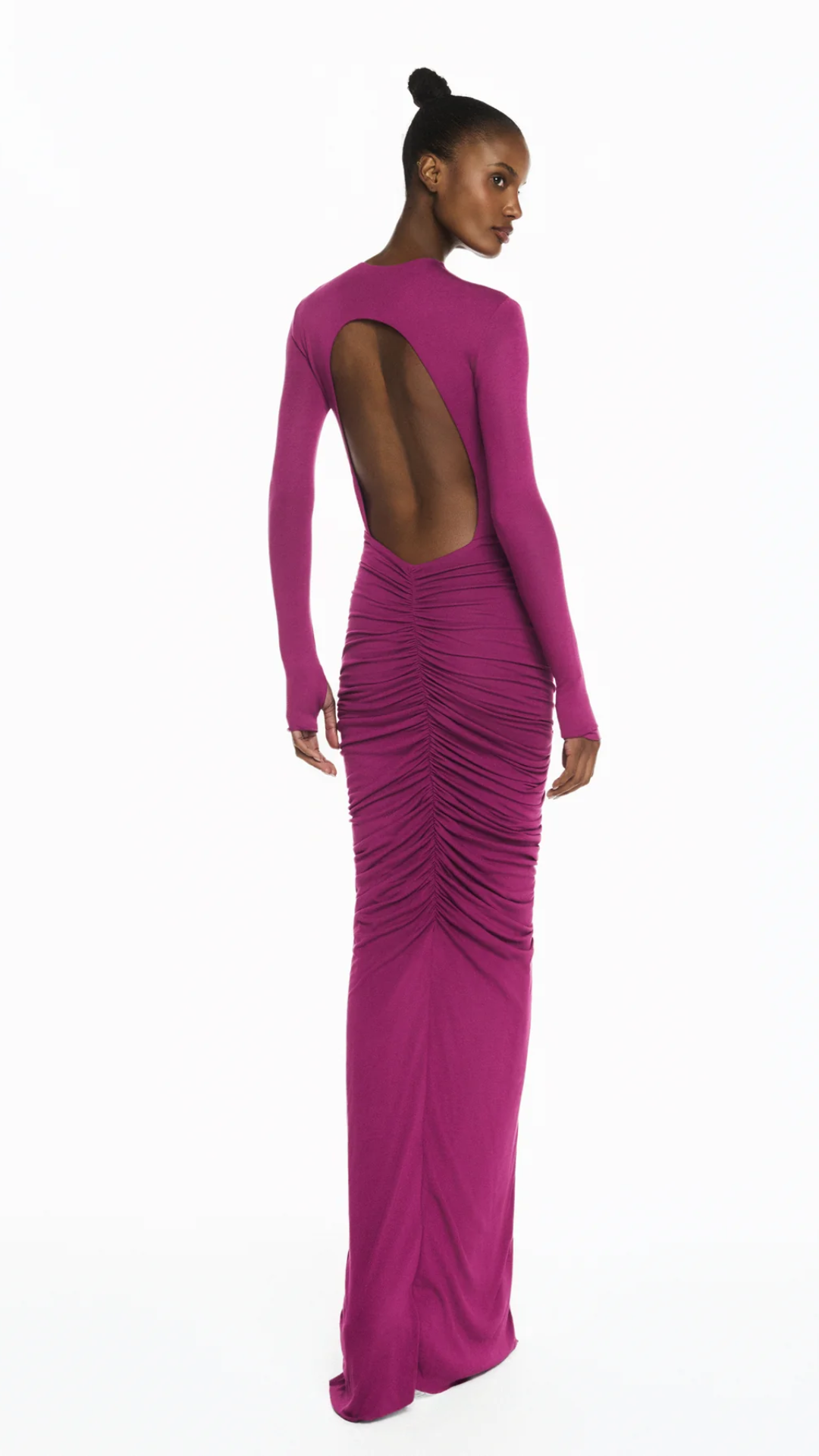 Vestido Longo Manga Longa Malha Fúcsia