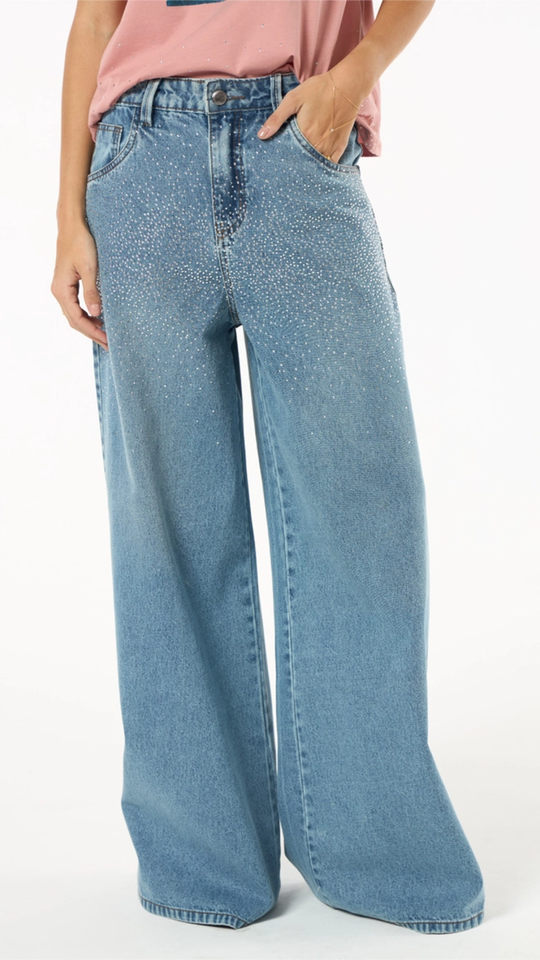 Calça Jeans Aplicação Strass Azul