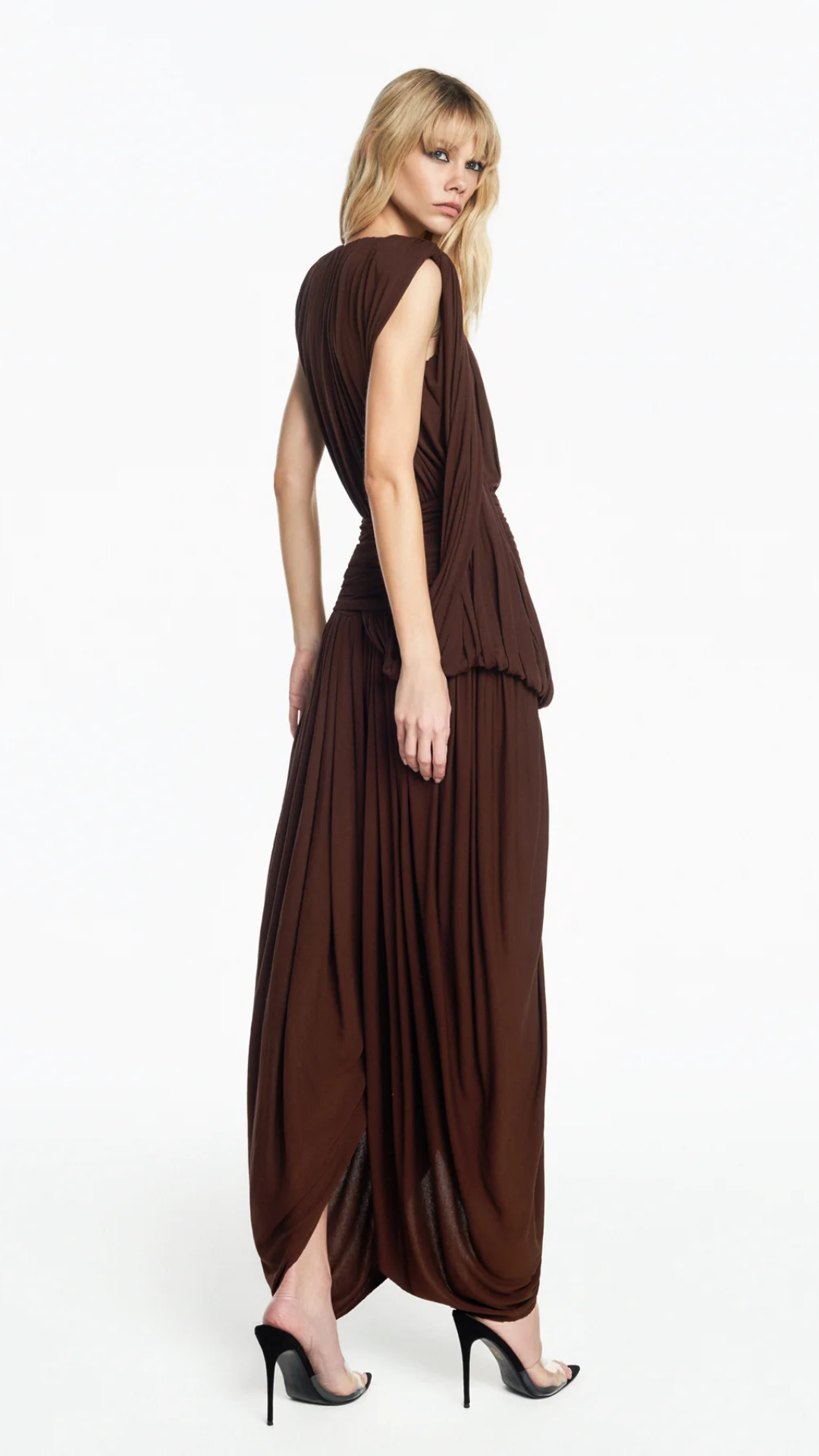 Calça Pala Drapeada Perna Ampla Malha Marrom