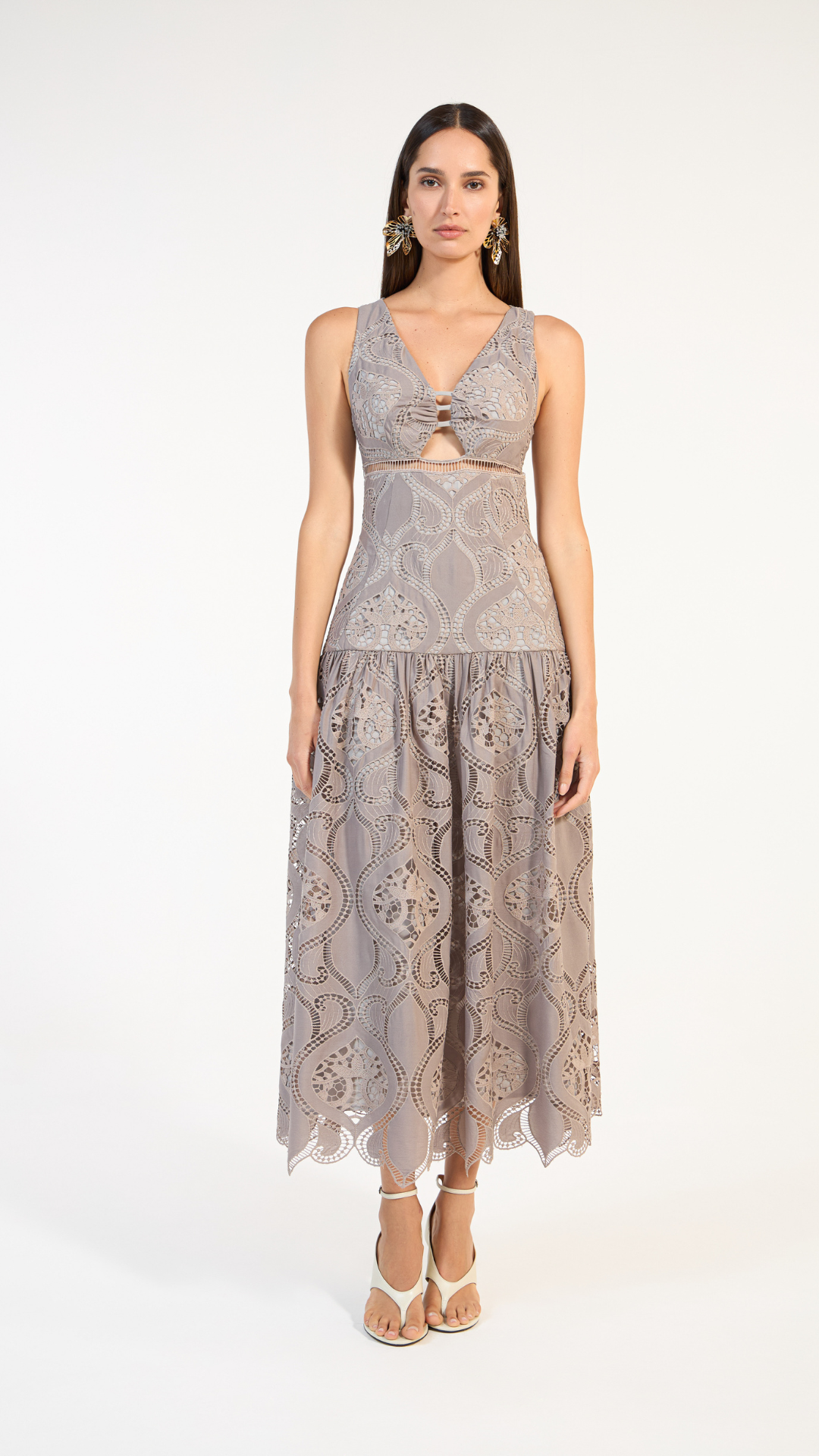 Vestido Midi Decote Vazado Cinza Saville