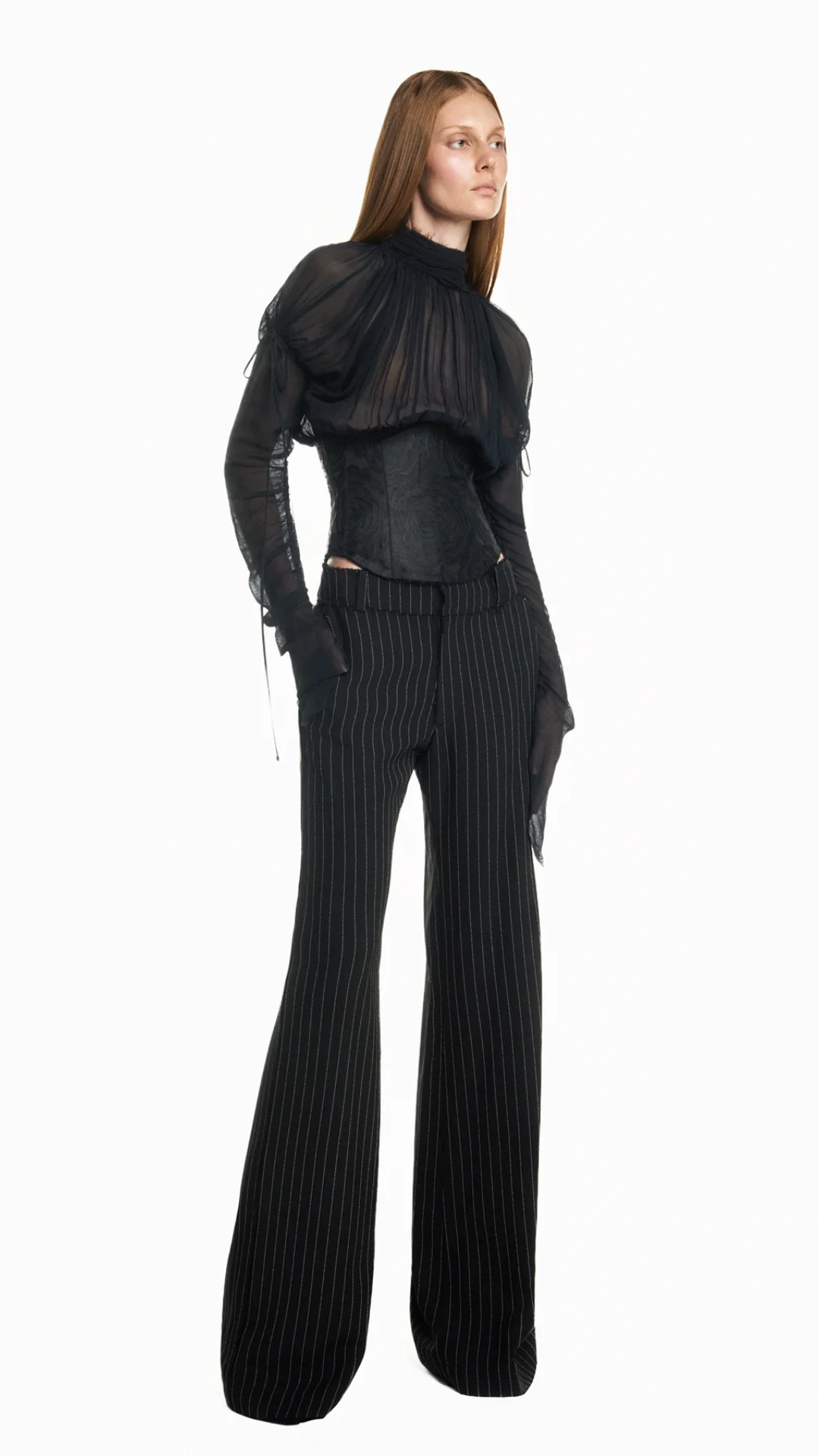 Blusa Manga Longa Frente Drapeada Chiffon com Corset Preto