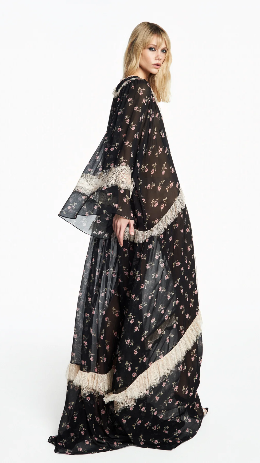 Vestido Longo Decote V Manga Longa Chiffon Floral Preto com Renda