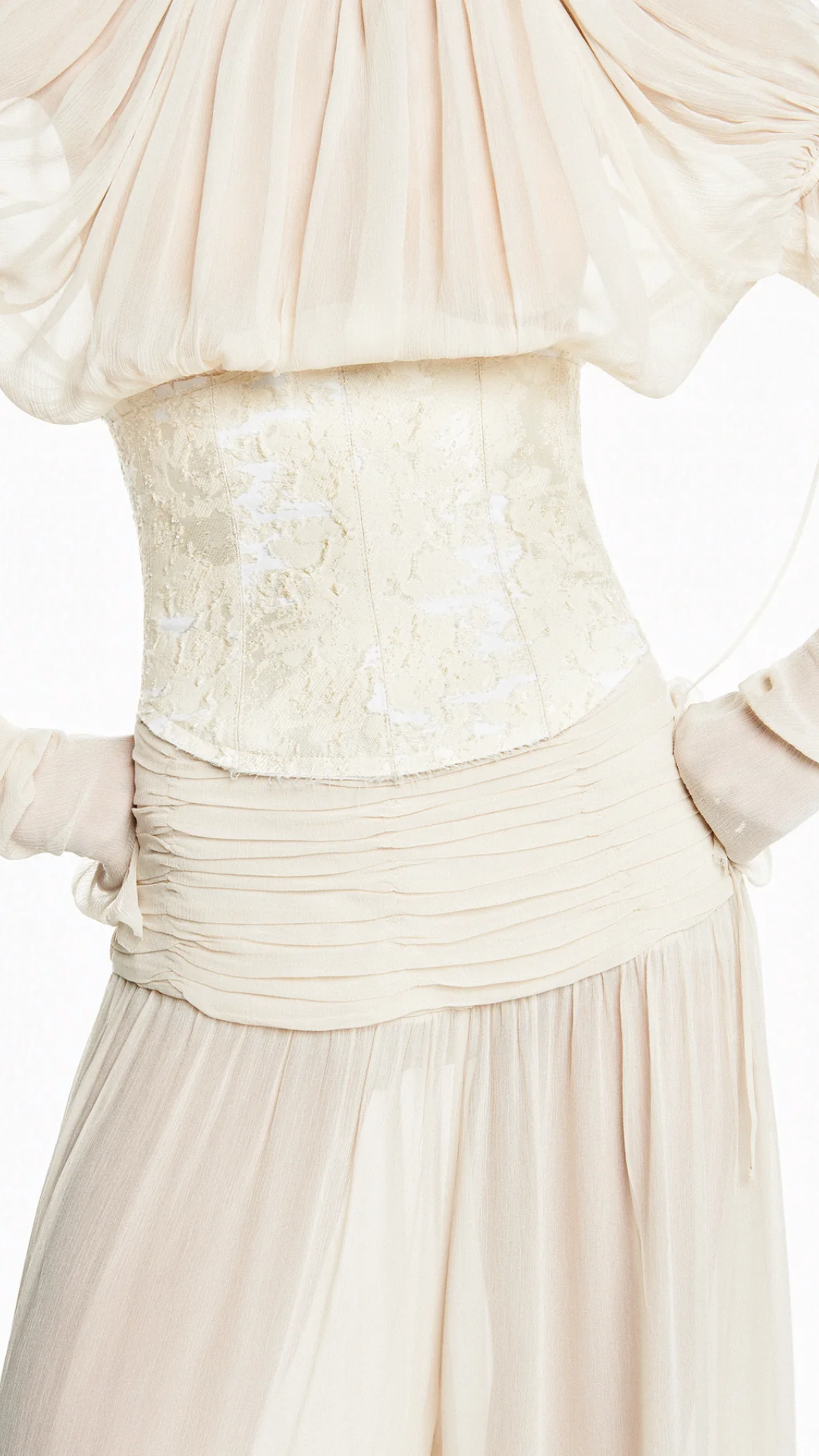Blusa Manga Longa Drapeada Chiffon com Corset de Jacquard Areia