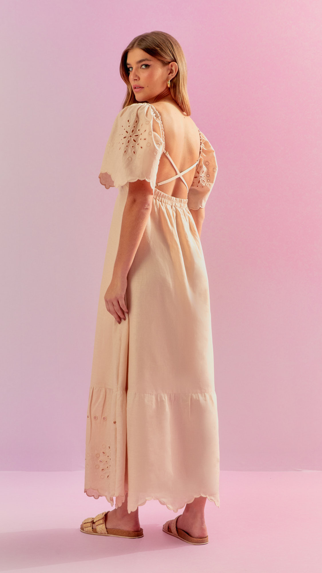 Vestido Linen Manga Bufante Richilieu Pérola