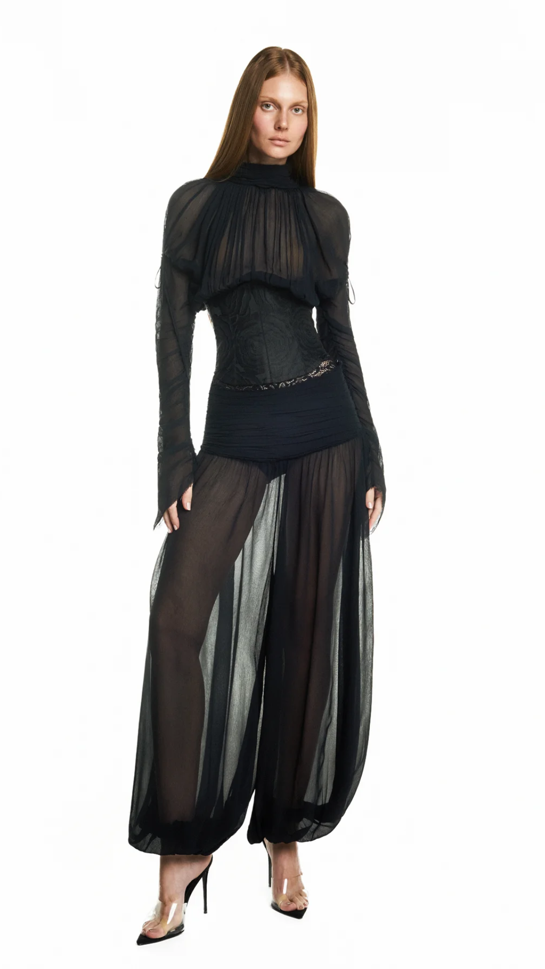 Calça Pala Drapeada Elástico na Barra Chiffon Preto
