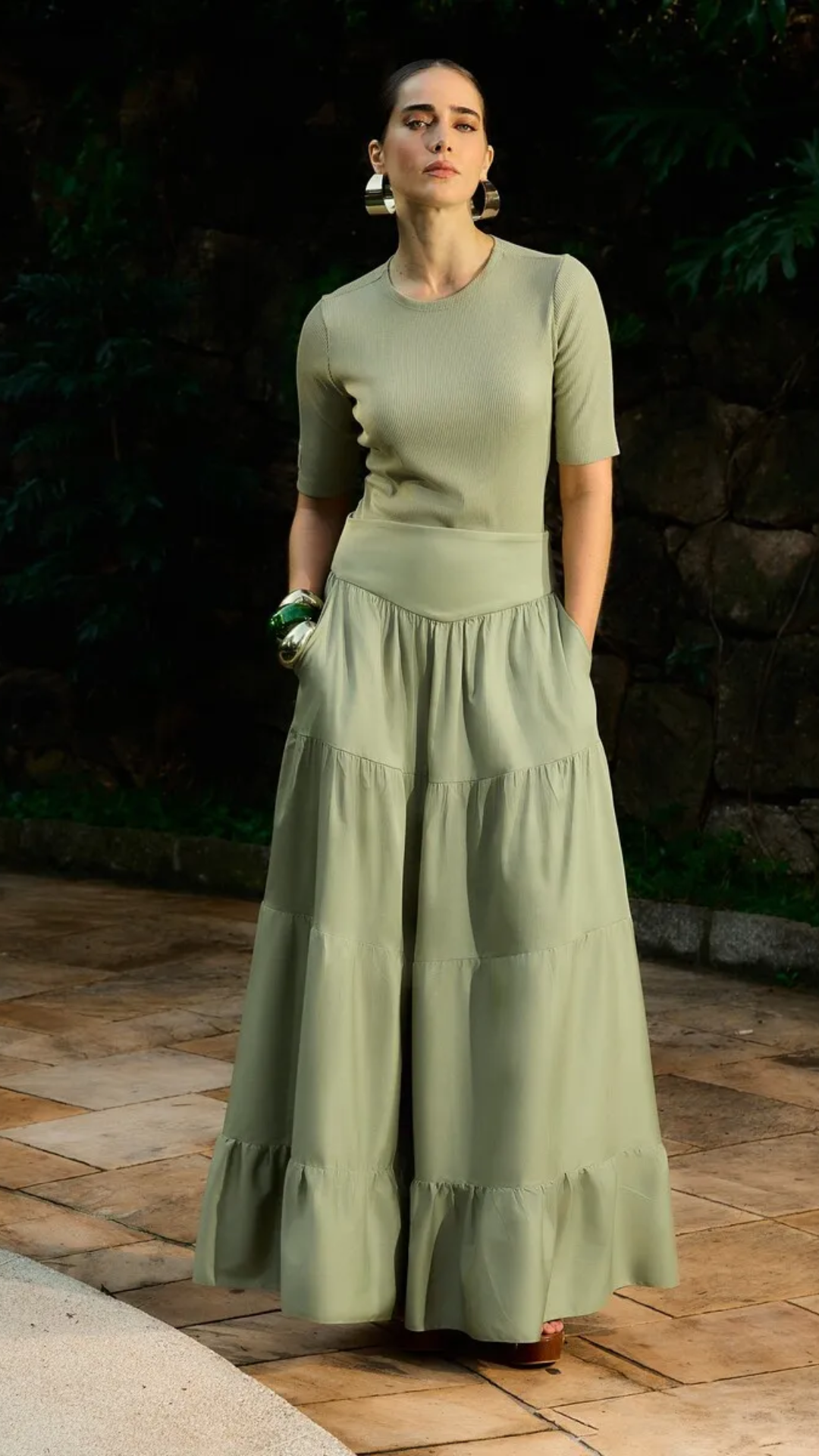 Saia Longa de Tricoline Verde Matte
