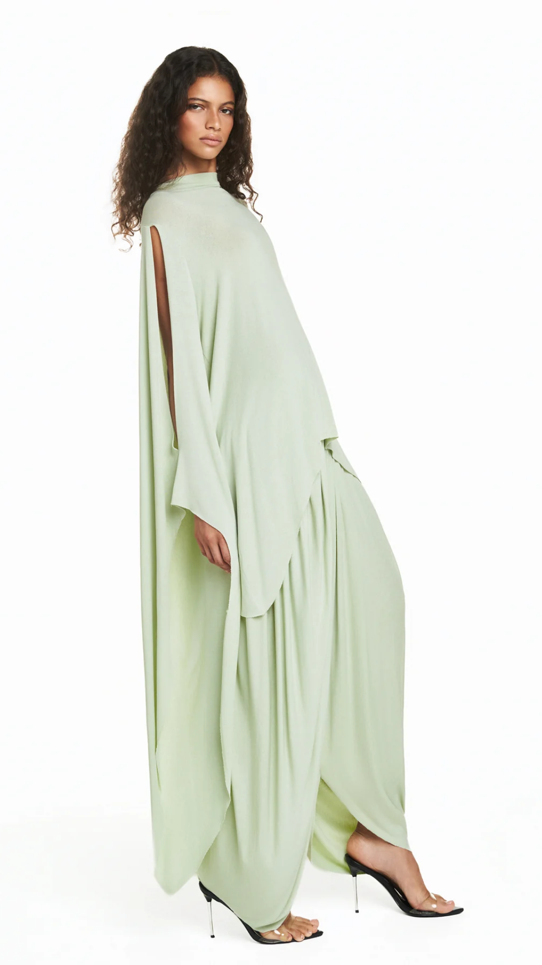 Calça Pala Drapeada Perna Ampla Malha Verde Clara