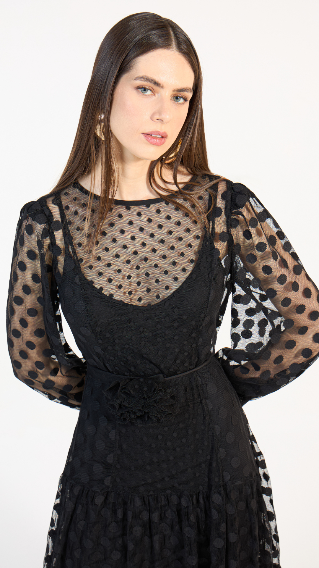 Vestido Longo Tule Poá Preto