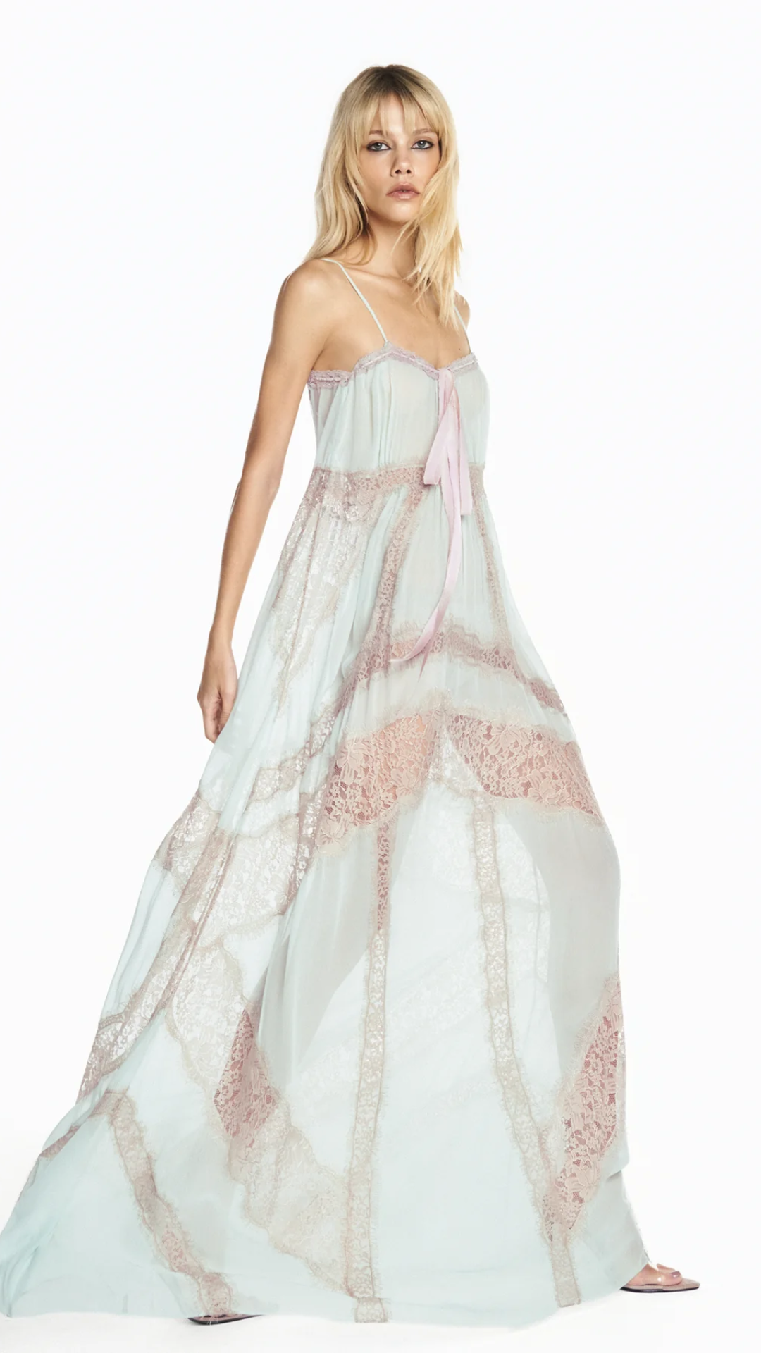 Vestido Longo Alça Chiffon Verde com Renda Bege