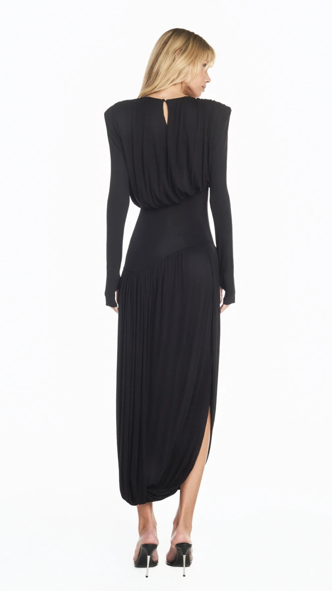 Vestido Longo Manga Longa Saia Torcida Corpo Drapeado Malha Preto