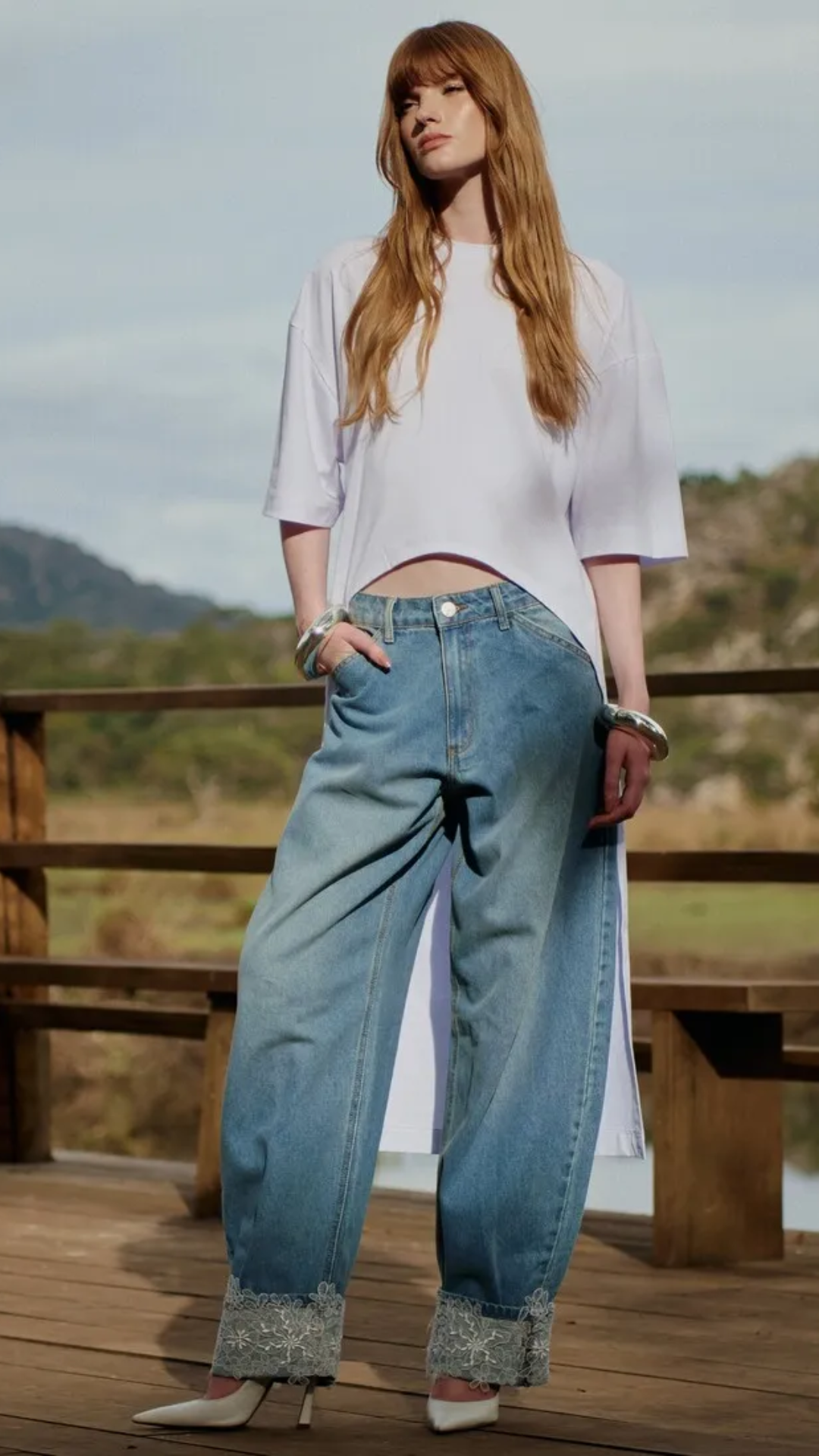 Calça Jeans Barrel com Renda