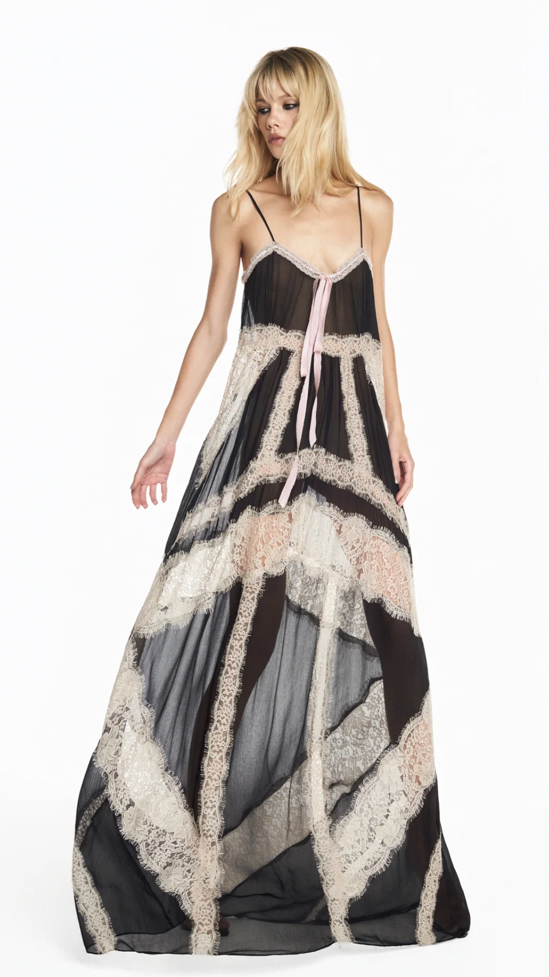 Vestido Longo Alça Chiffon Preto com Renda Bege