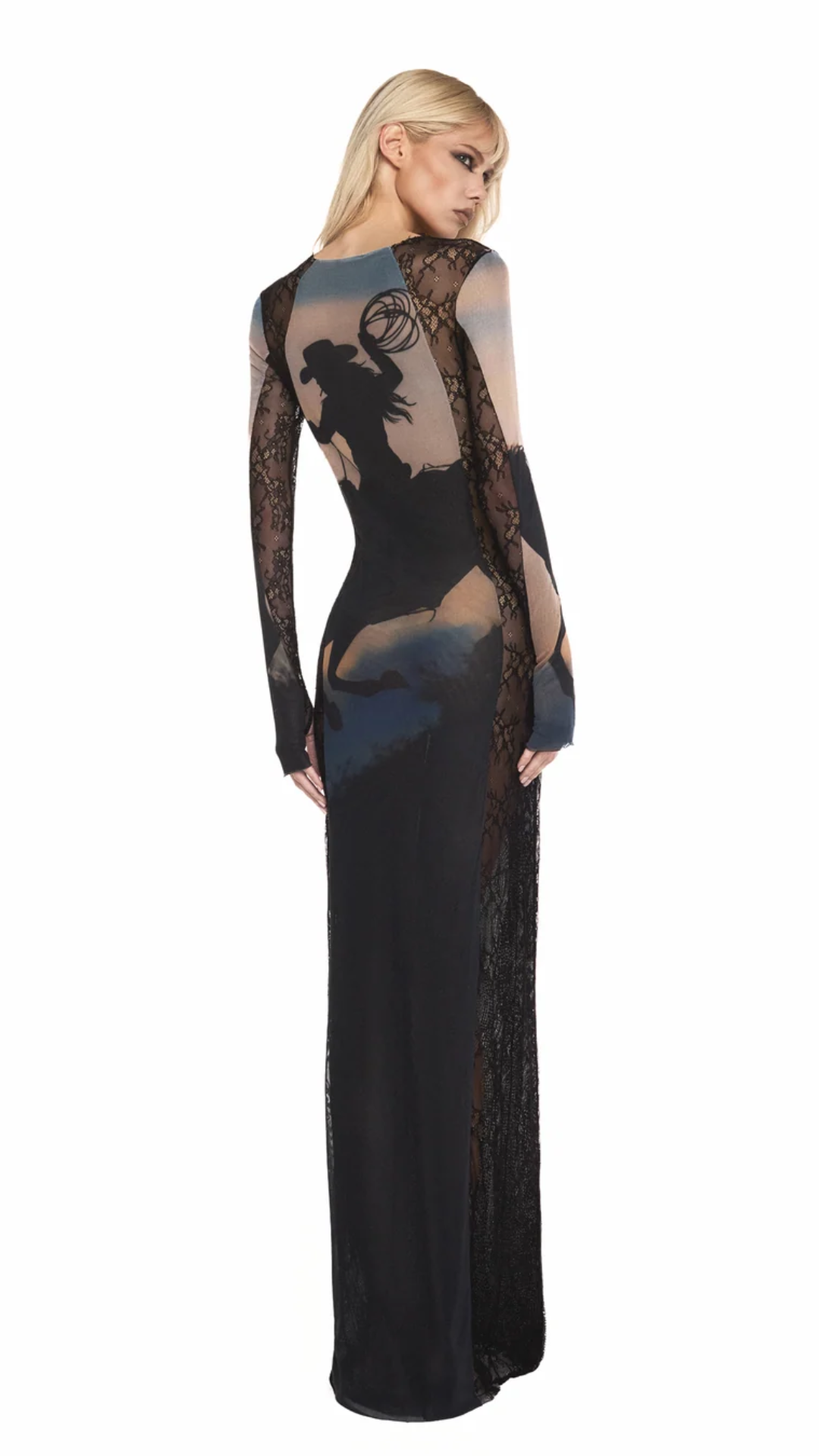 Vestido Longo Manga Longa Tule e Renda Wild Fire