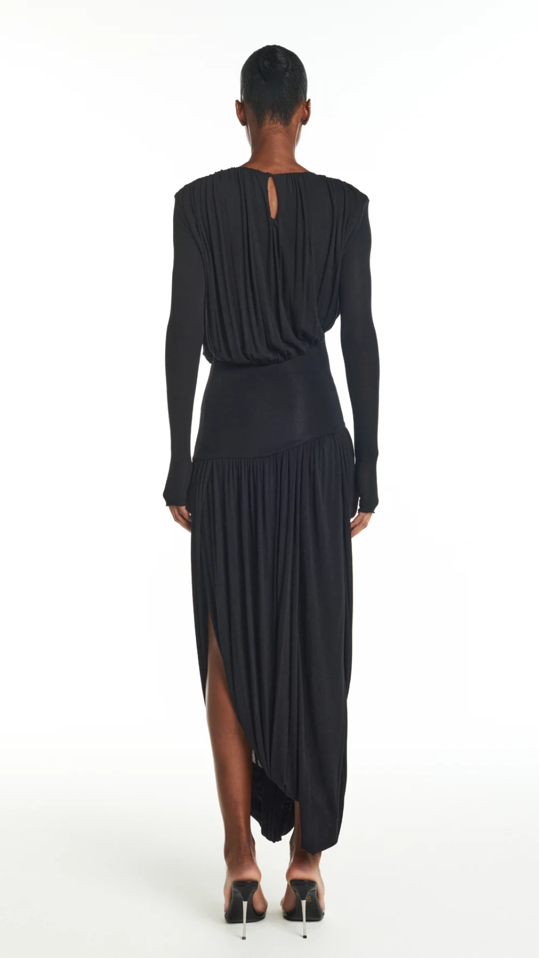 Vestido Longo Manga Longa Drapeado Preto