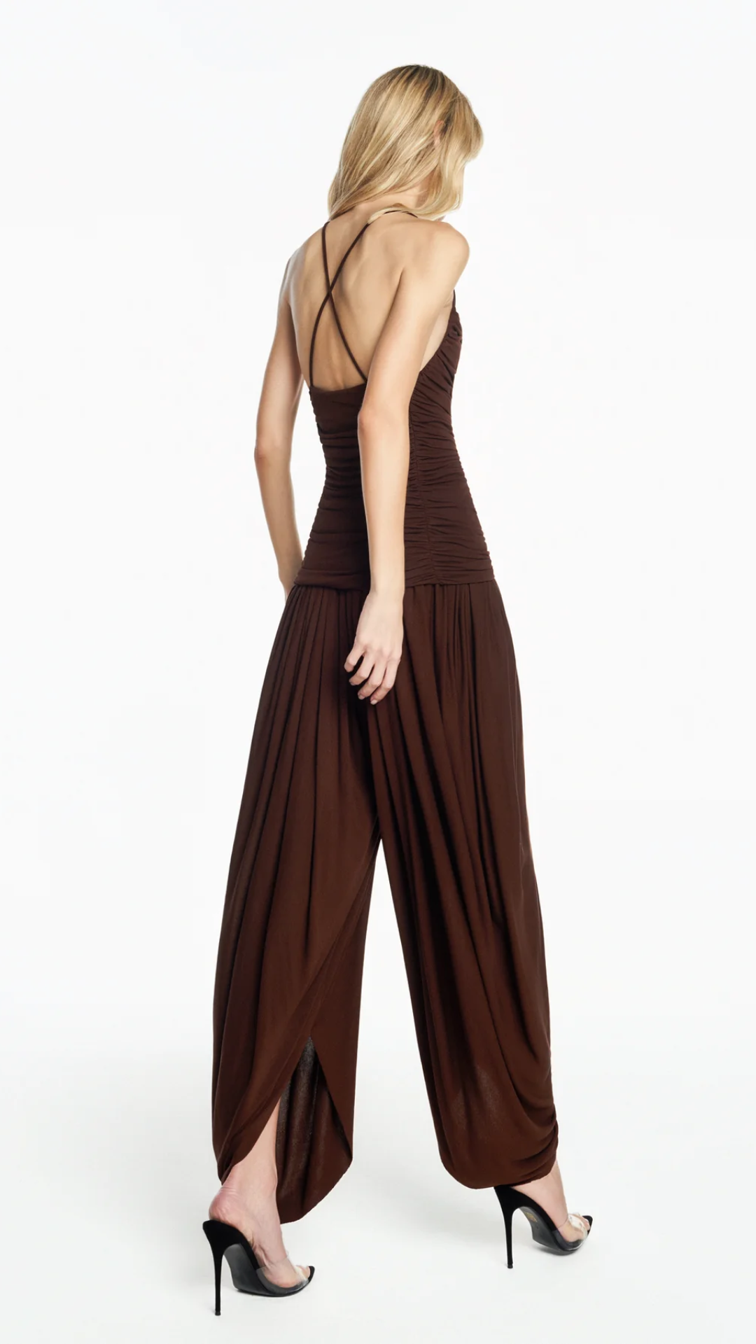 Regata Alça Corpo Drapeado Malha Marrom