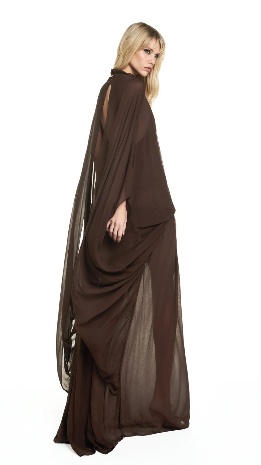 Vestido Longo Amplo Capa Chiffon Marrom