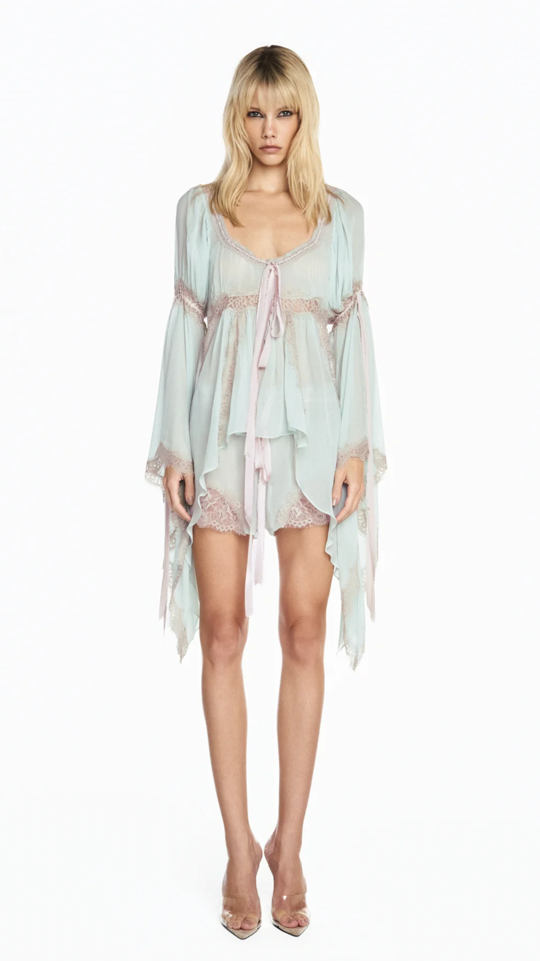 Bata Manga Longa Chiffon Verde com Renda Bege