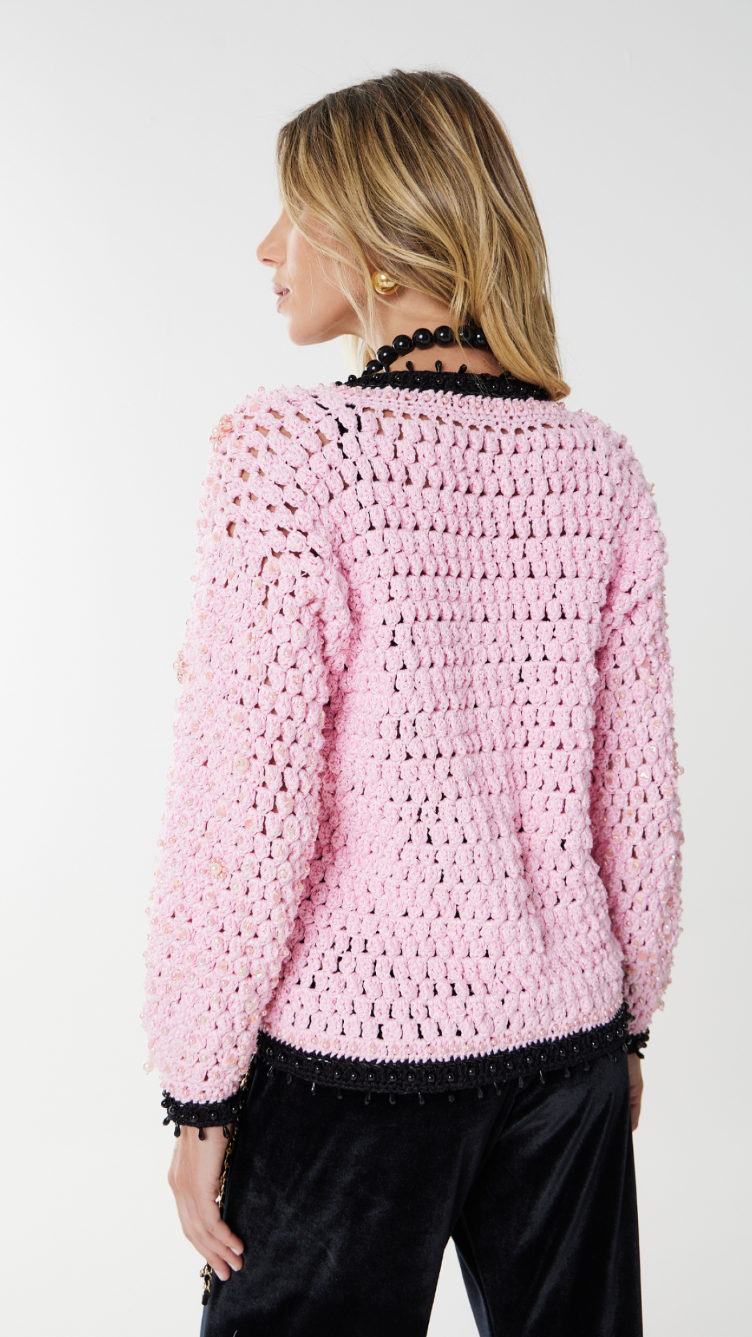 Casaco Crochetado Nice Preto e Rosa