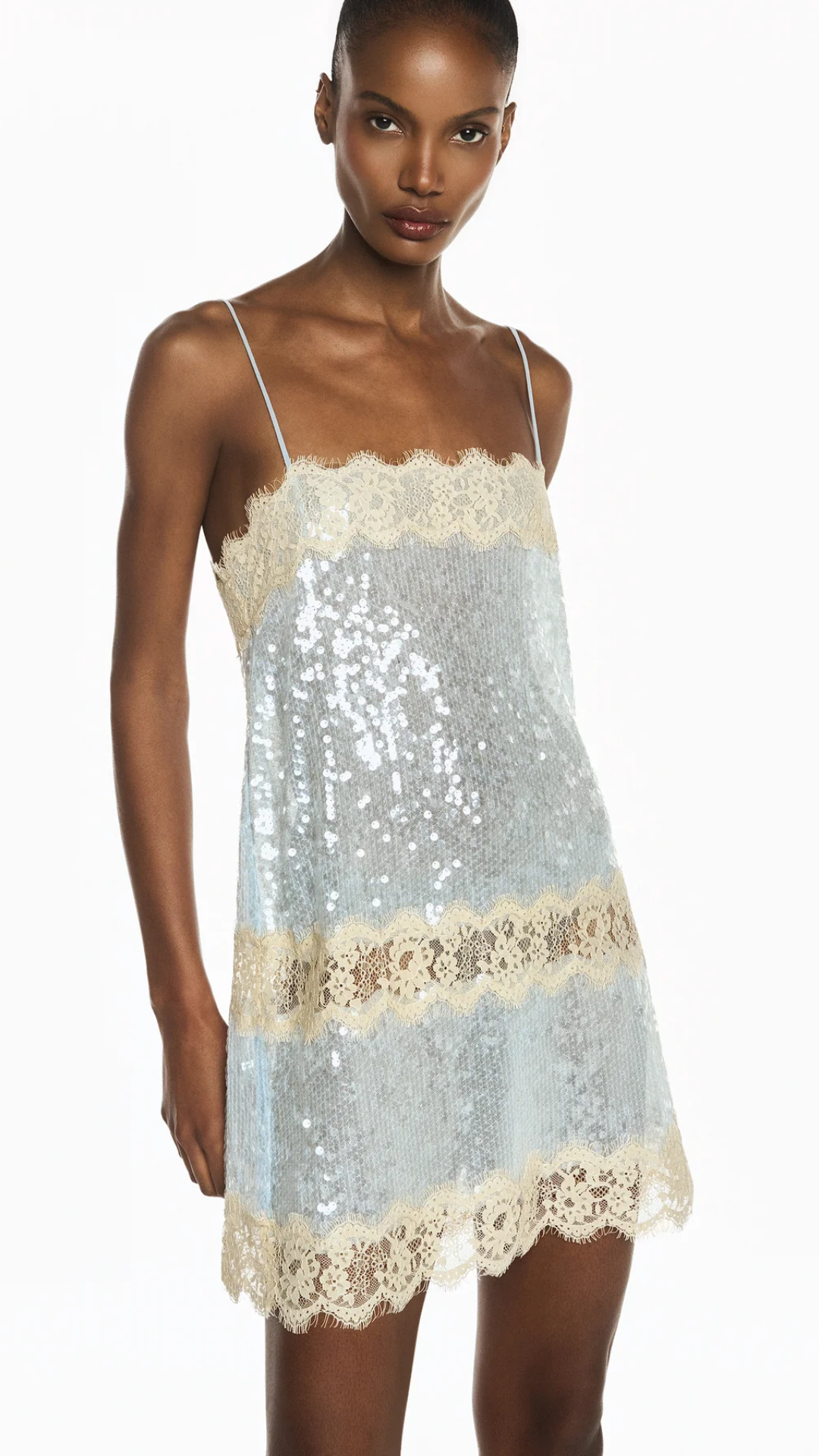 Vestido Curto Paetê Azul Renda Bege