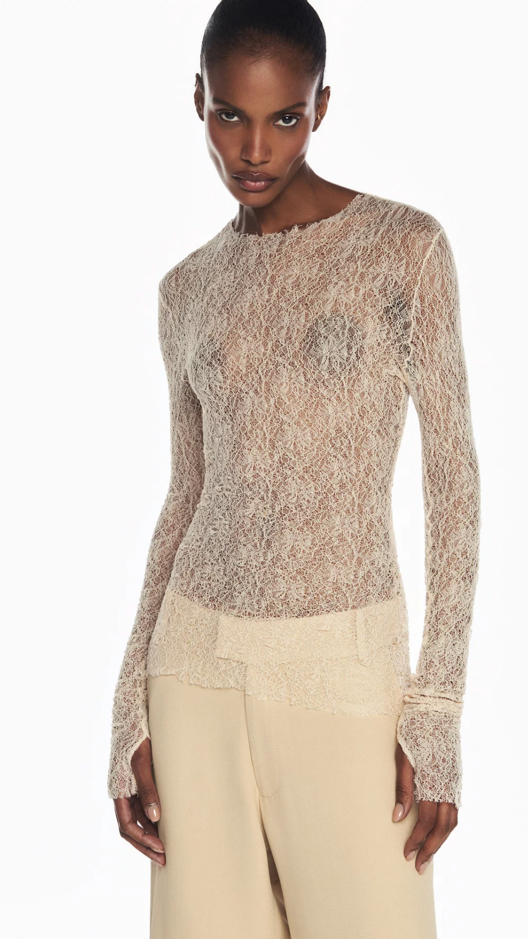 Blusa Manga Longa Renda Bege