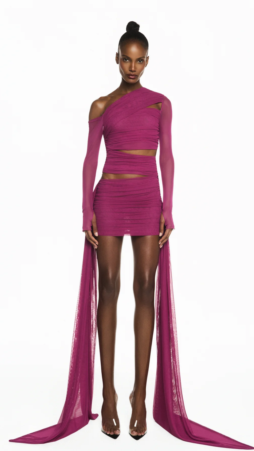 Vestido Curto Transpasses Manga Longa Tule Fúcsia