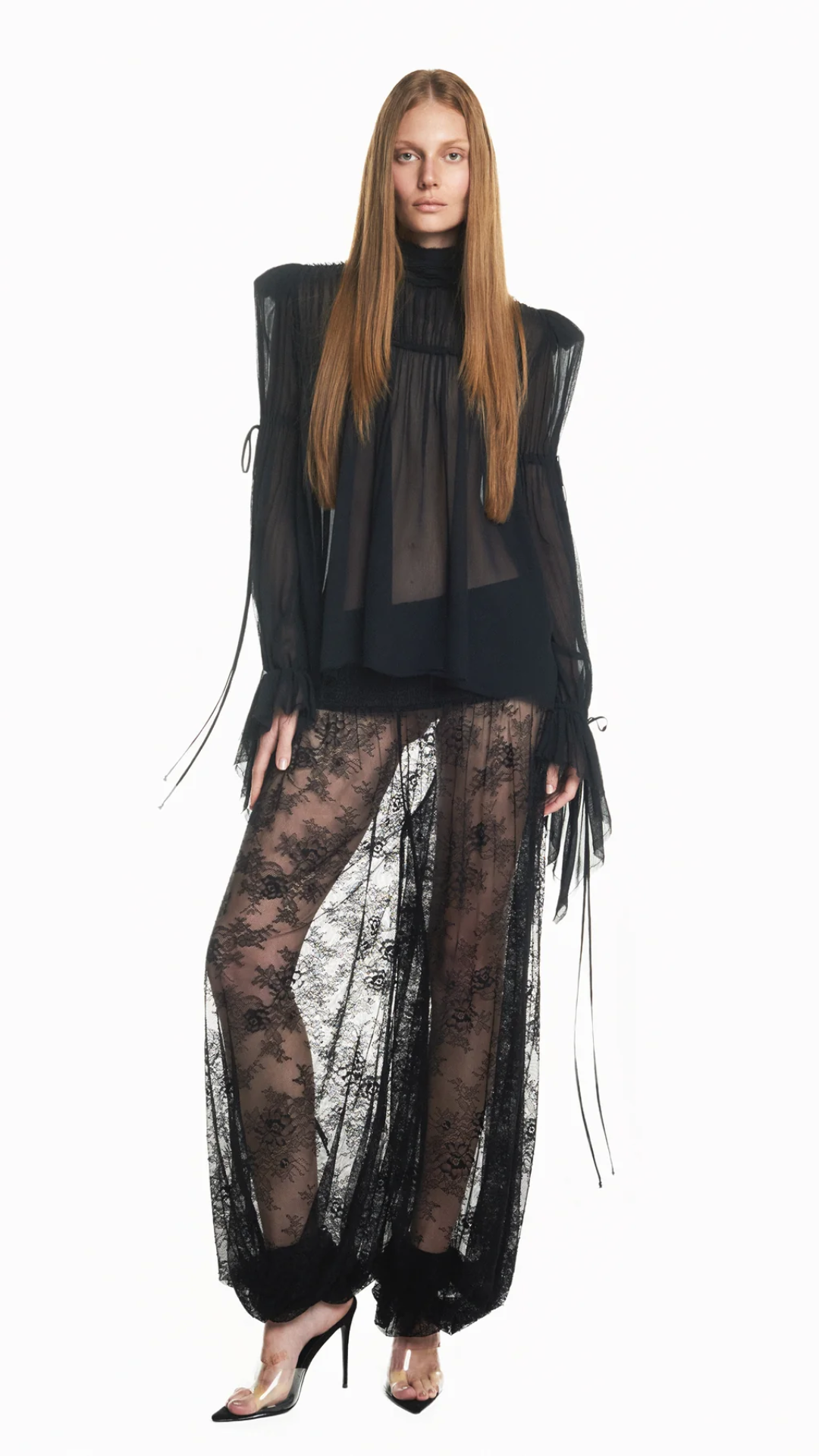 Bata Manga Longa Pala Drapeada Chiffon Preto