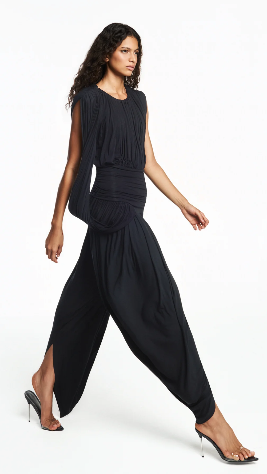 Calça Pala Drapeada Perna Ampla Malha Preta