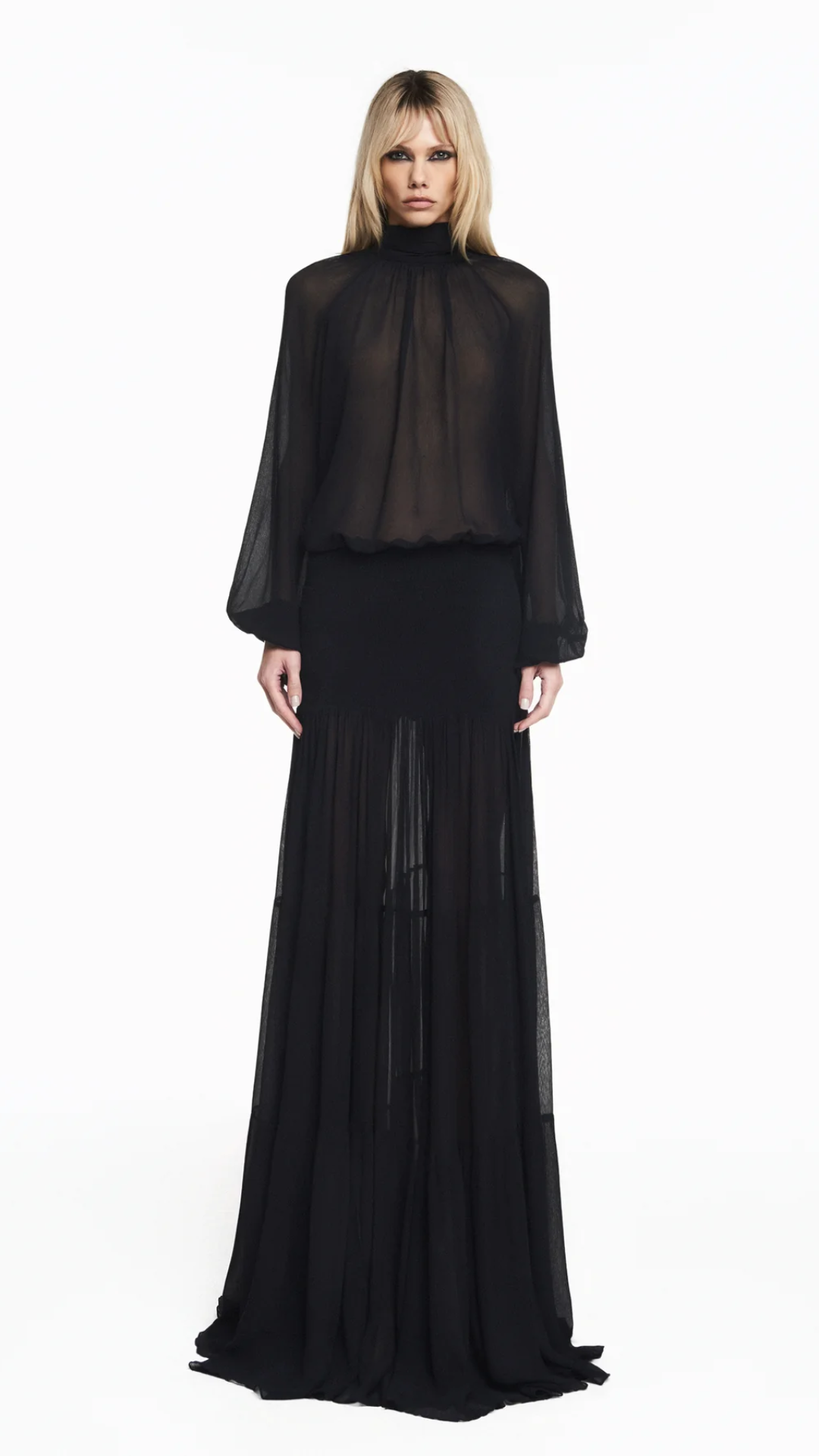 Saia Longa Pala Lastex Chiffon Preto
