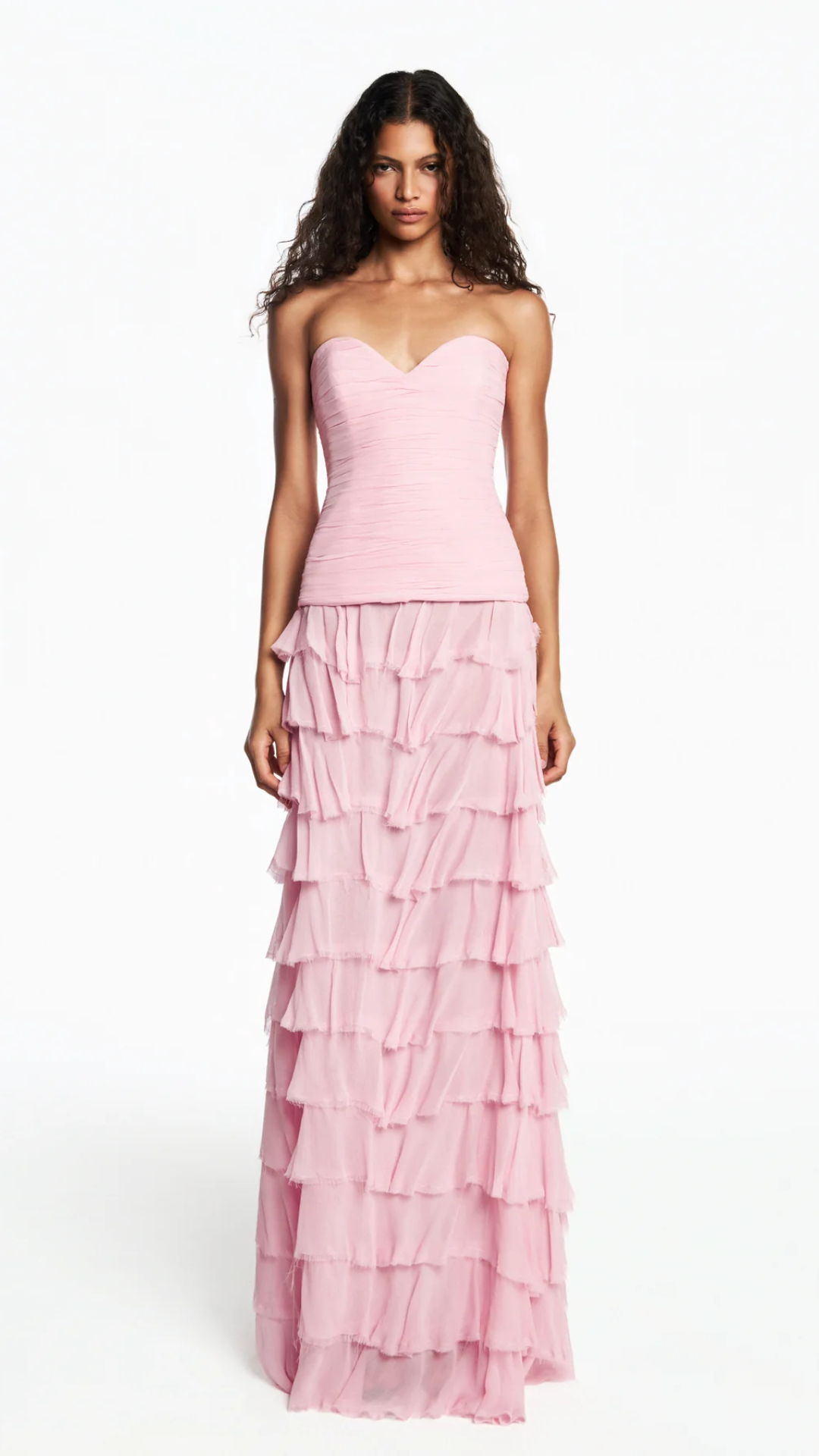 Saia Longa Babados Chiffon Rosa