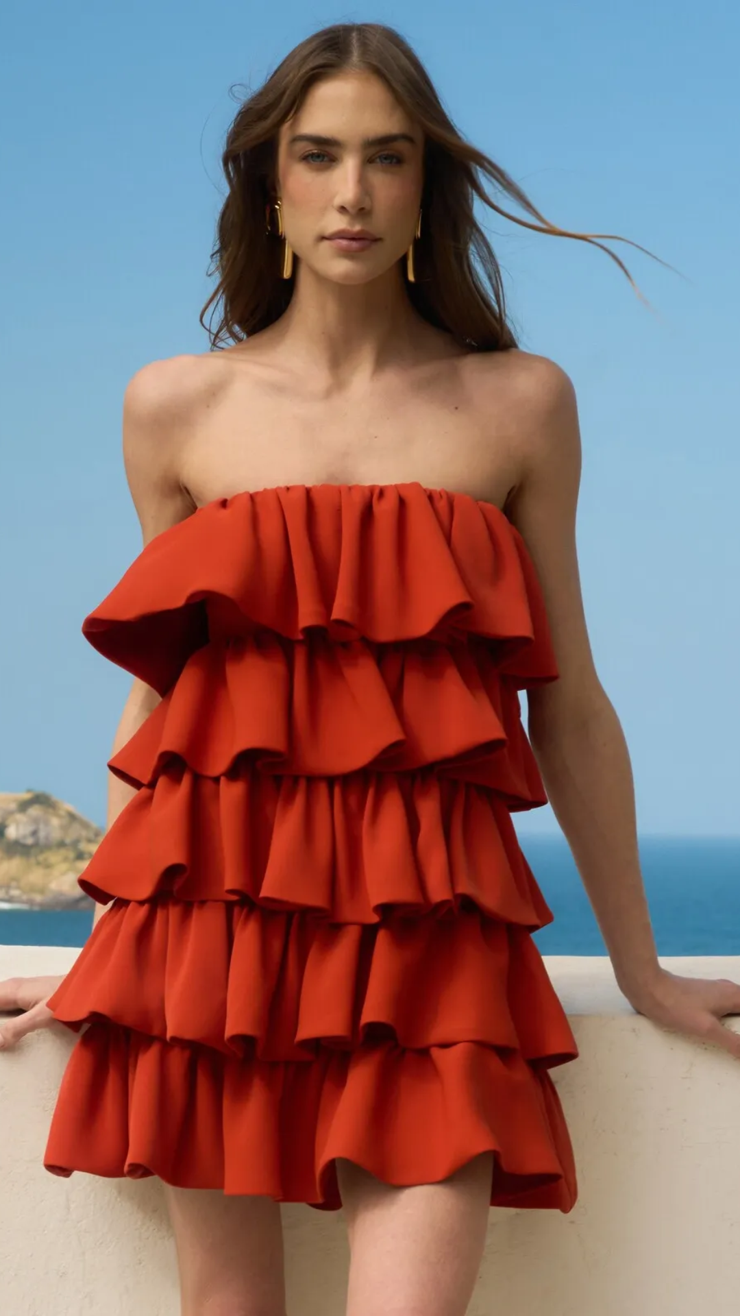 Vestido Curto Terracota com Babados