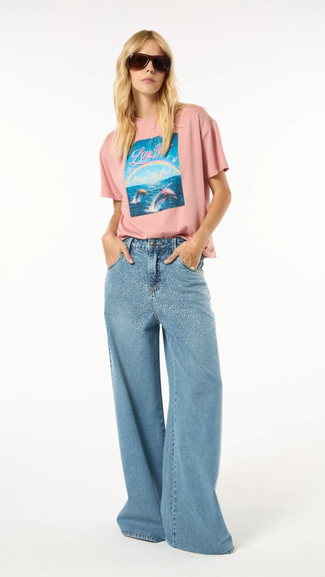 Calça Jeans Aplicação Strass Azul