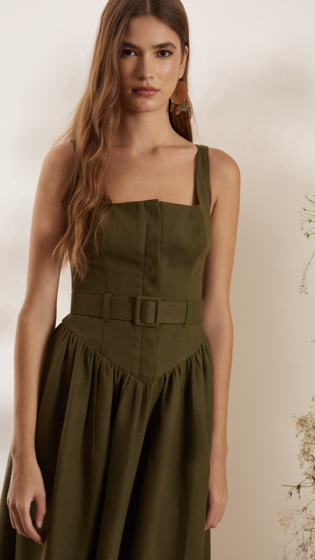 Vestido Longo Eco Linho Cinto Oliva