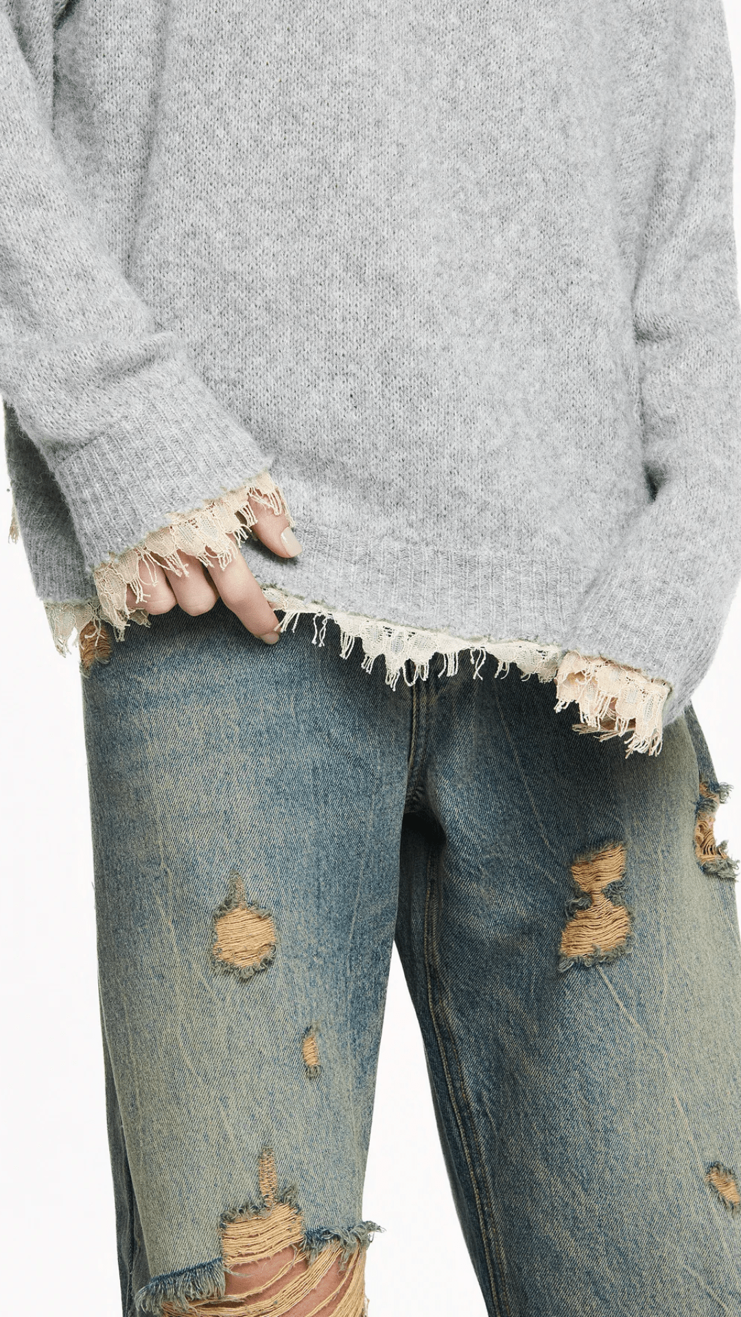 Blusa Tricot Cinza Renda Barra