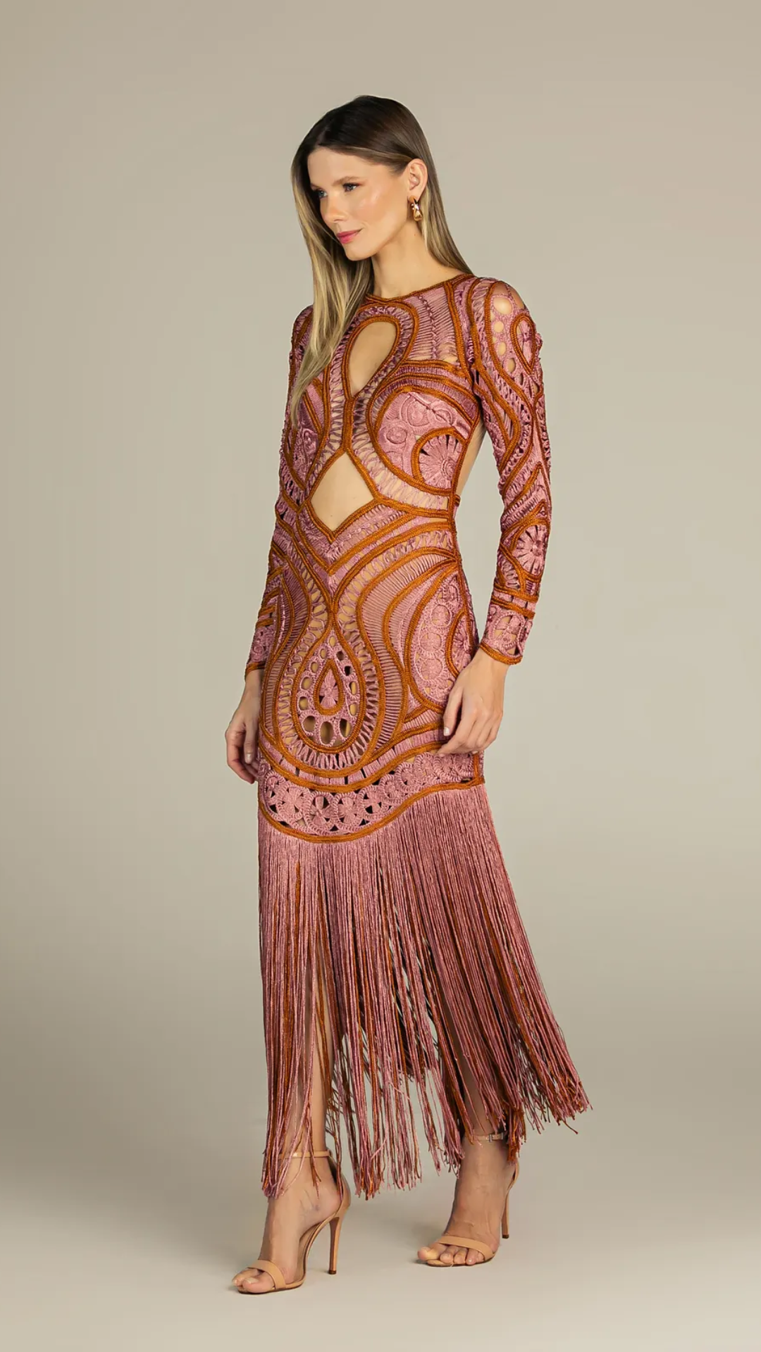 Vestido Midi Rosê e Camel com Franjas