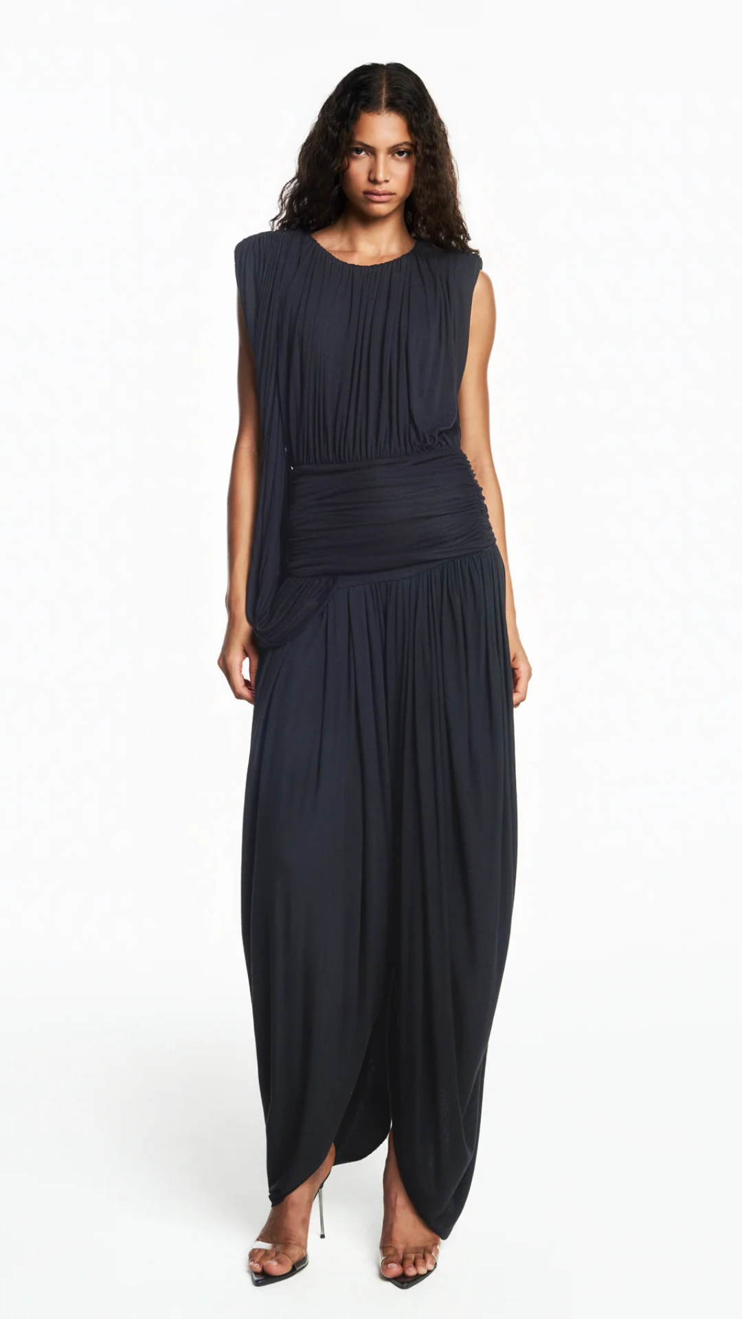 Calça Pala Drapeada Perna Ampla Malha Preta