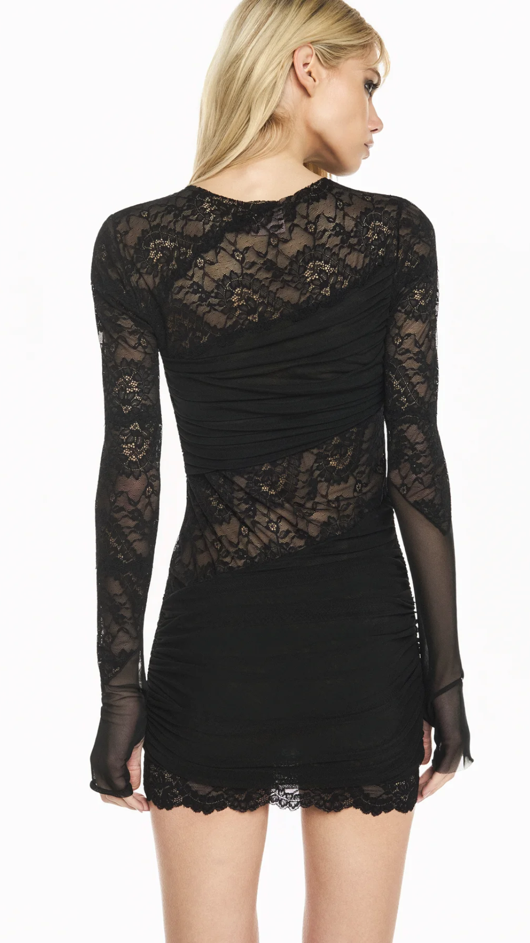 Vestido Curto Manga Longa Tule e Renda Preta