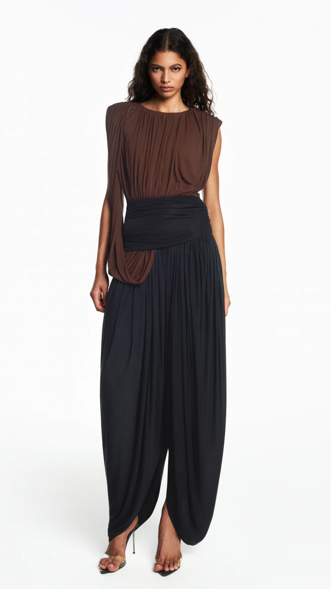 Blusa Bicolor Pala e Corpo Drapeados Faixa Lateral Malha Marrom e Preto