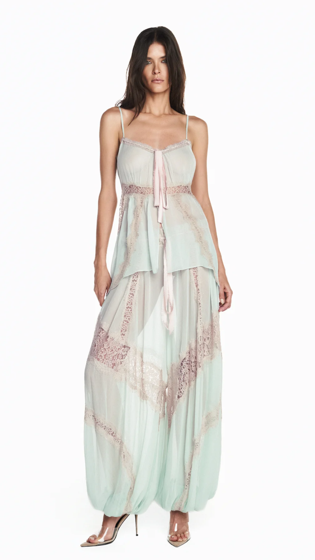 Blusa com Alça Chiffon Verde com Renda Bege