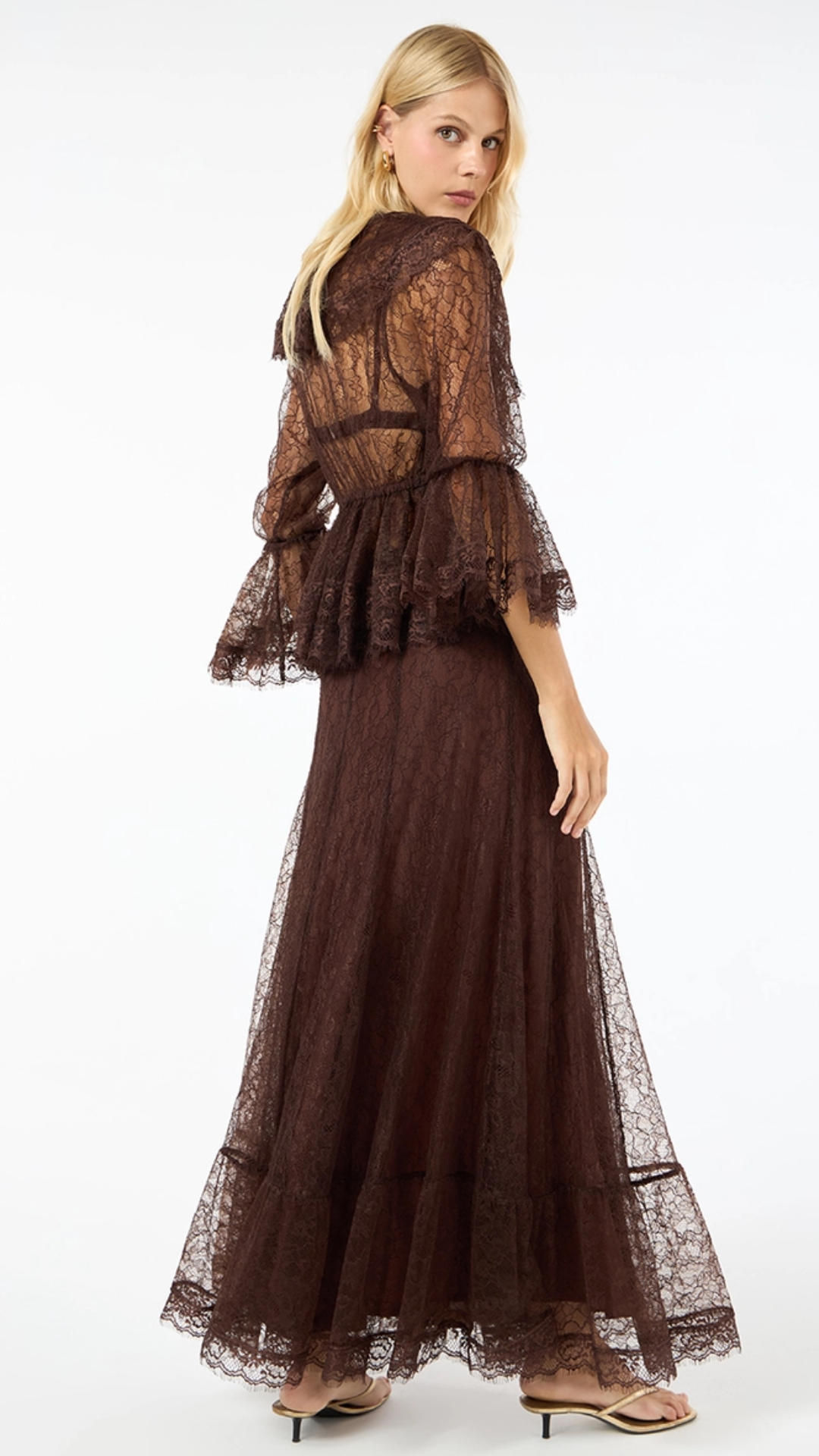 Blusa Renda Babados Marrom Netherla