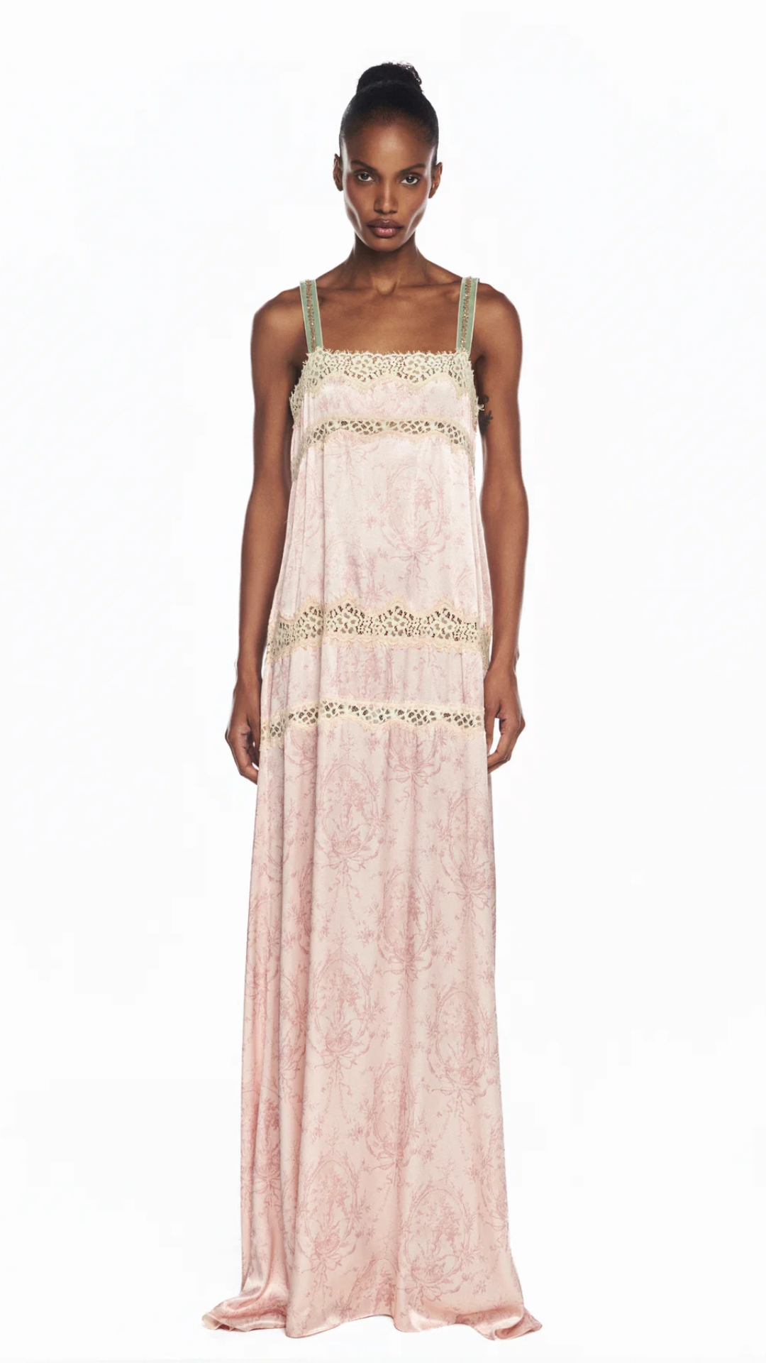 Vestido Longo Cetim Laço Rosa Renda Bege