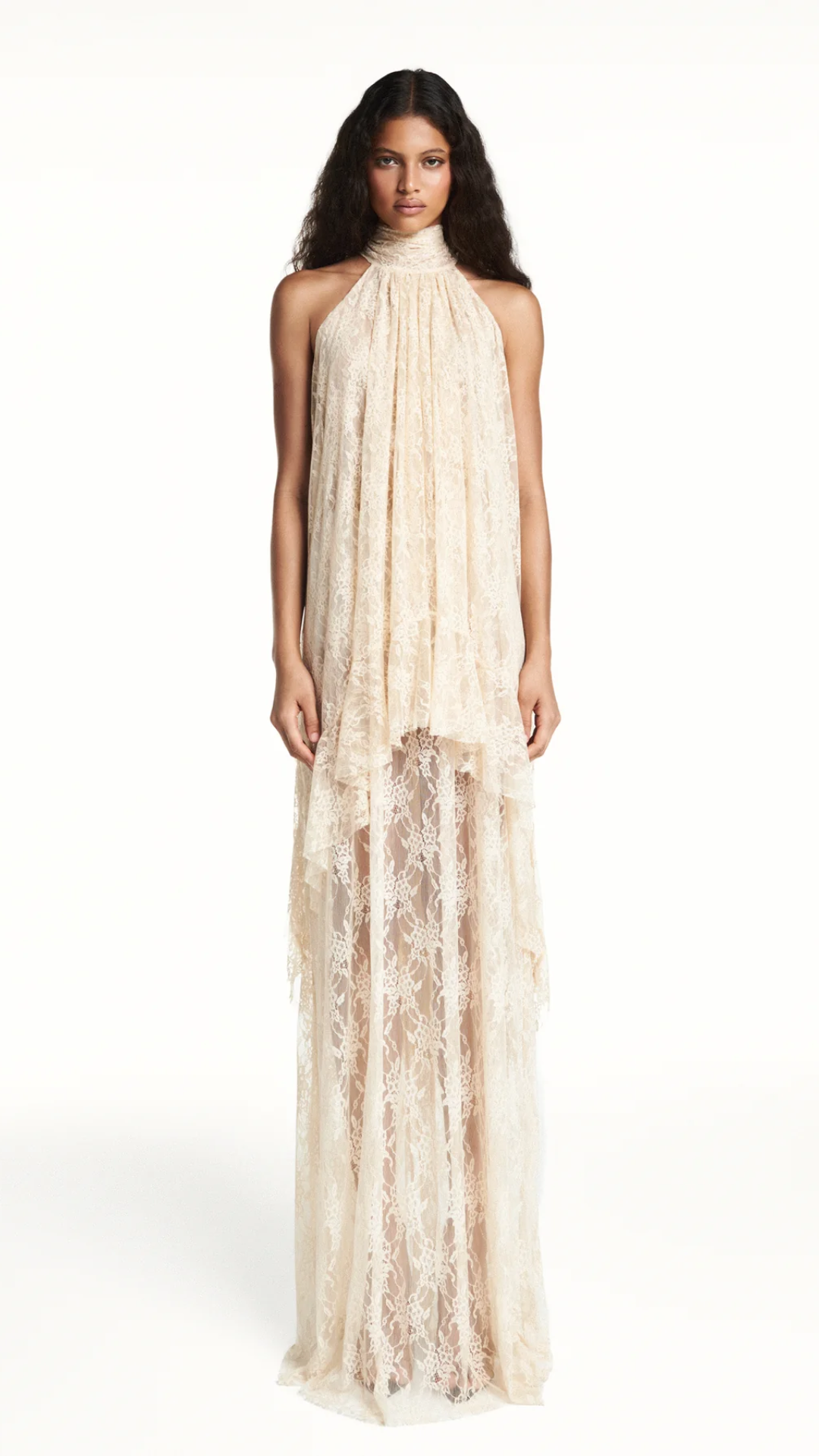 Vestido Longo Gola Alta Babado Mullet Renda Bege