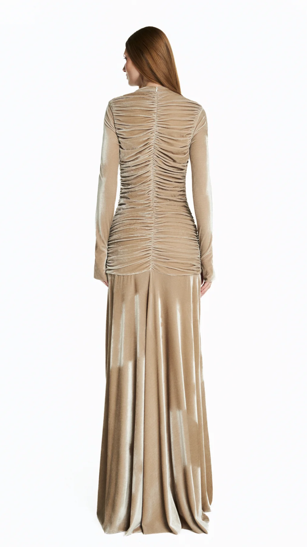 Vestido Longo Corpo Drapeado Manga Longa Veludo Bege
