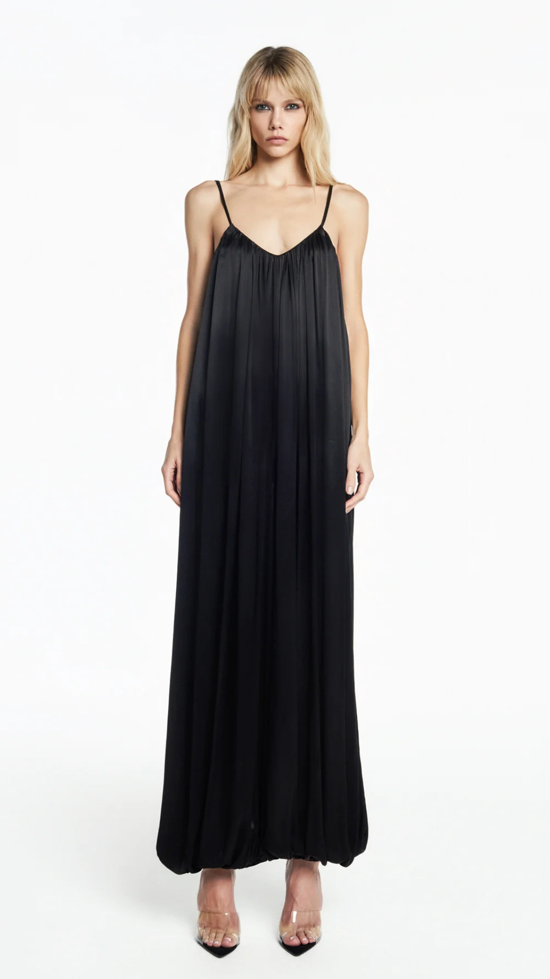 Macacão Alça Elástico Barra Cetim Preto